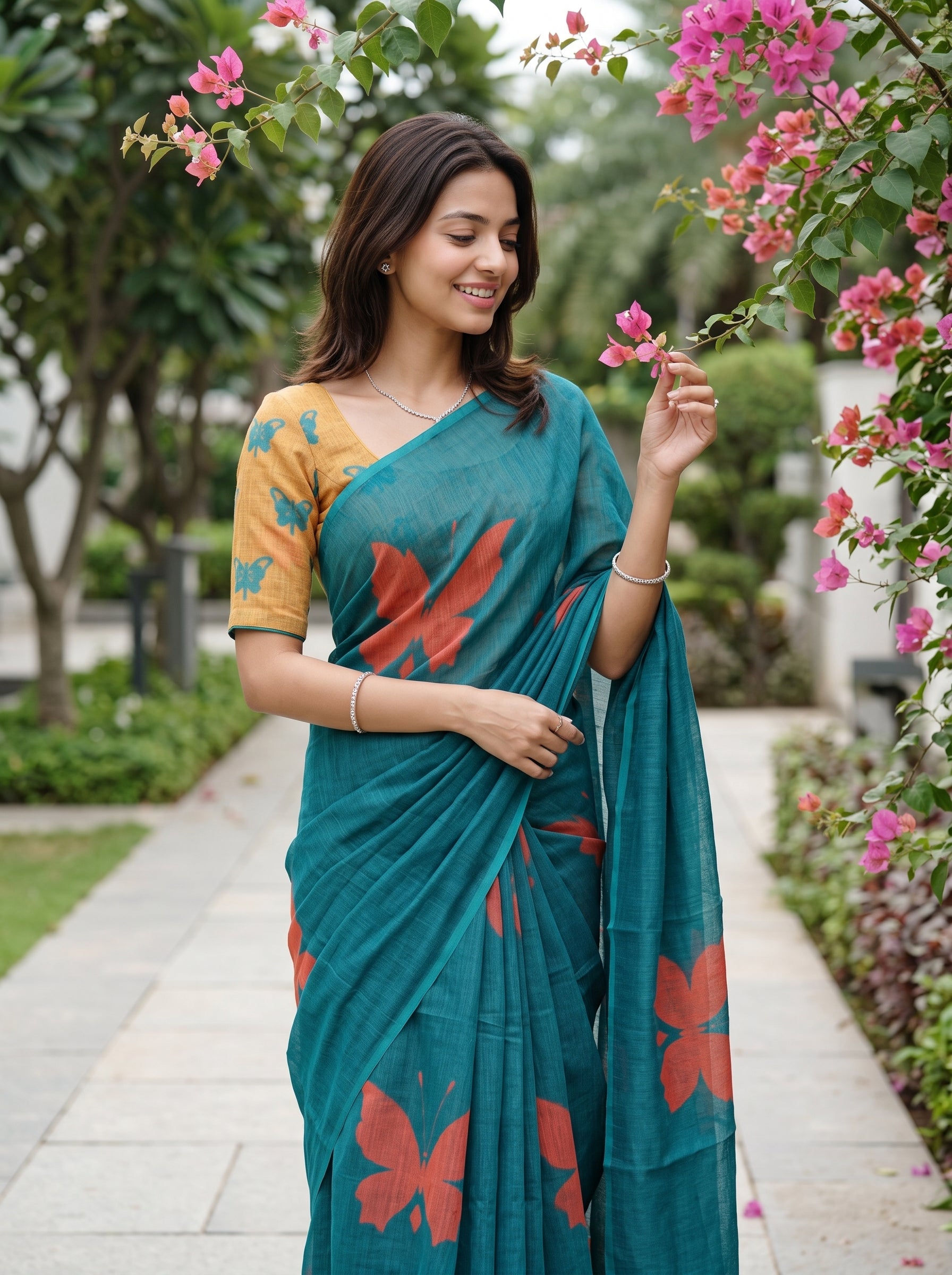 A woman wearing a teal blue saree with orange butterfly prints and a mustard yellow printed blouse, standing in a garden pathway surrounded by pink flowers.