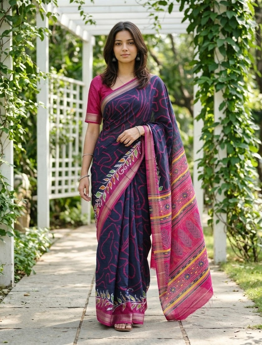 Polycotton Navy Blue Rani Pink Ikat Motif Pallu Saree with Contrast Border and Zari Edge