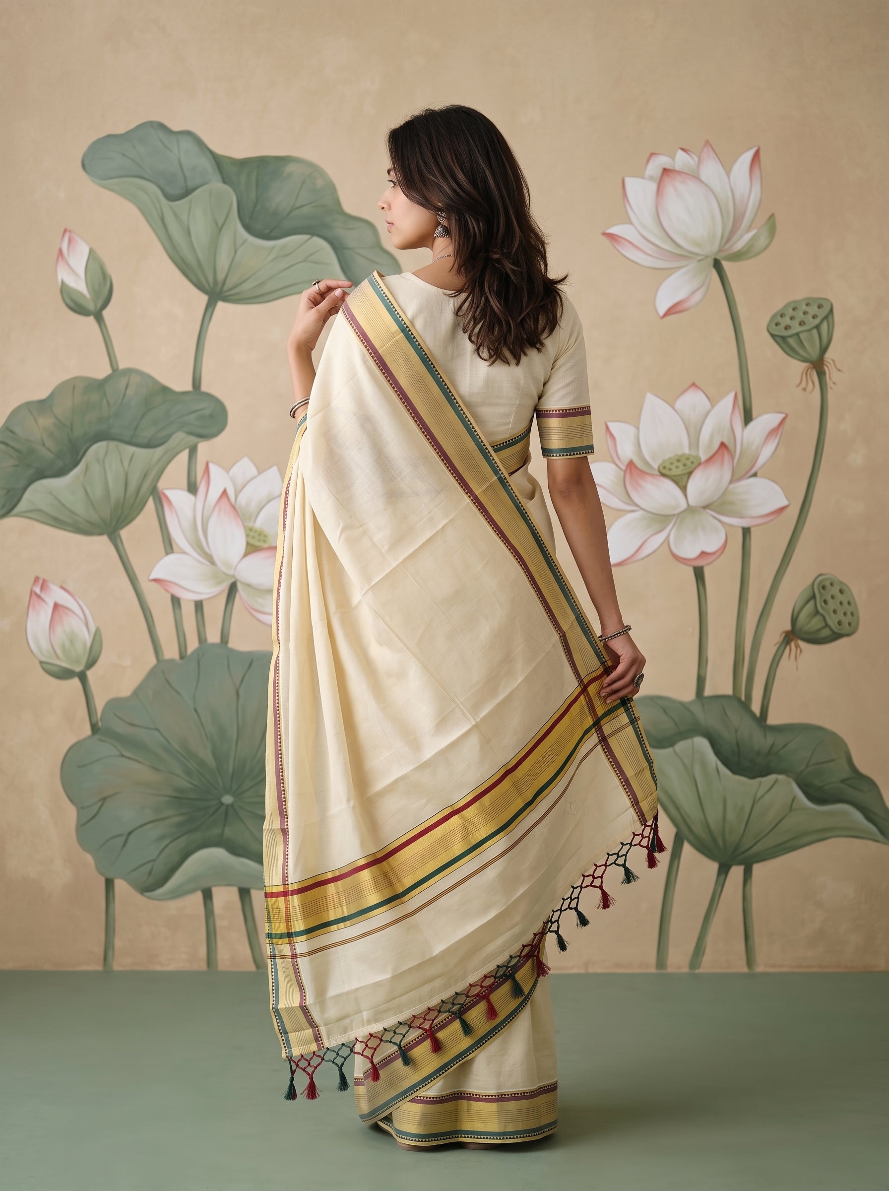 A woman wearing a cream-colored cotton saree with green, yellow, and red border stripes, standing in front of a beige wall decorated with painted lotus leaves and flowers.