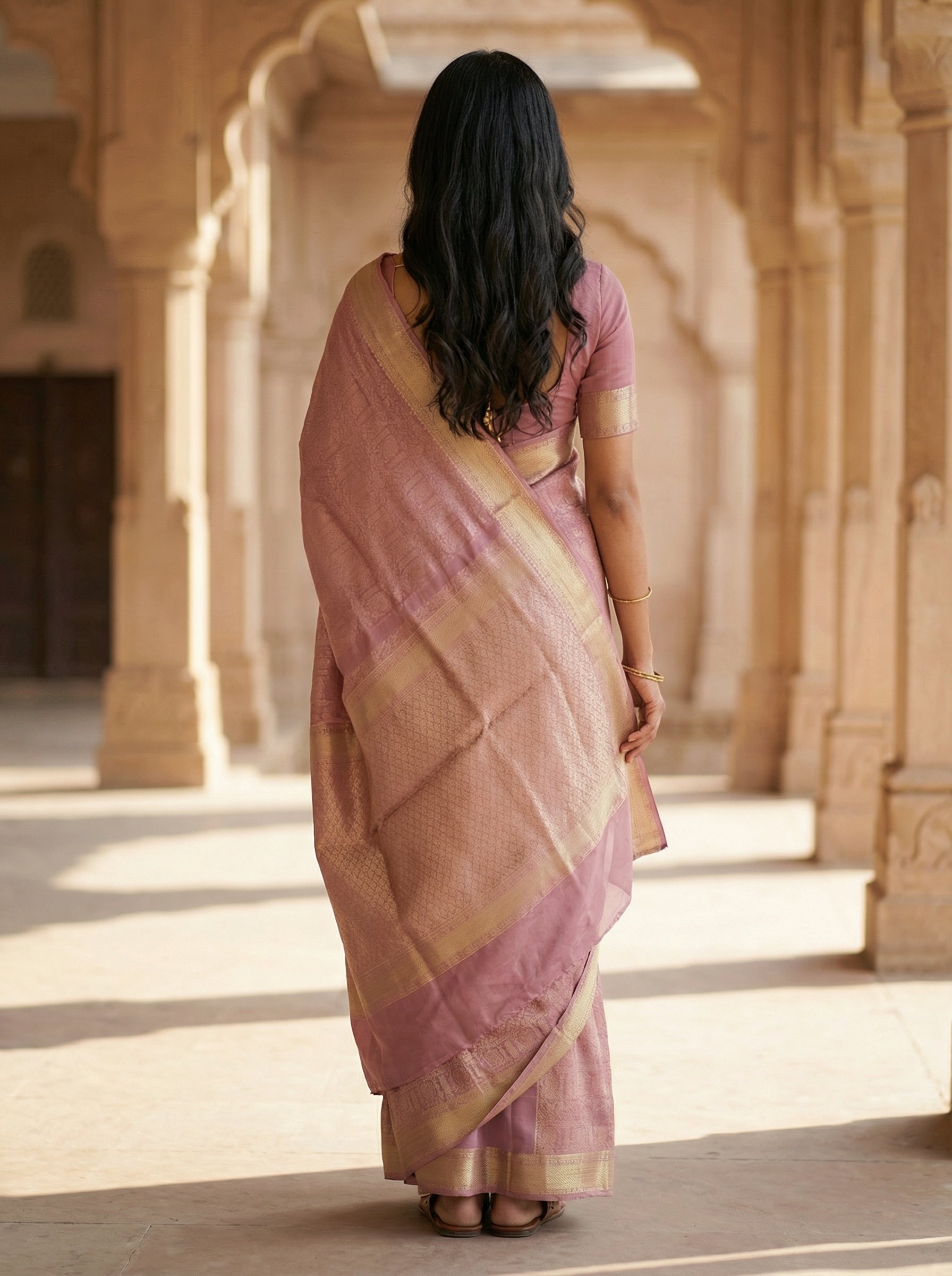 Georgette Banarasi Pink Saree with Elegant Gold Zari Woven Design