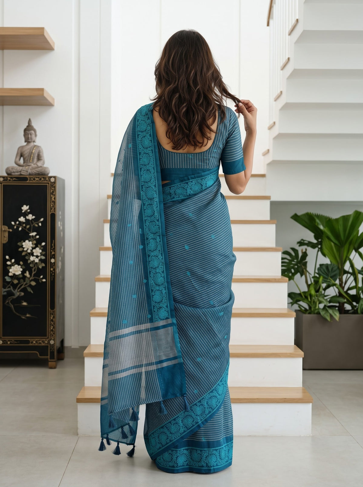 Organza Teal Peacock Blue Golden Pinstripe Floral Vine Border