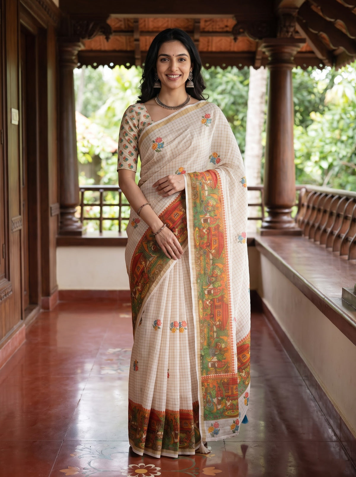 Cotton Cream Village Mural Lotus Print Kerala Saree