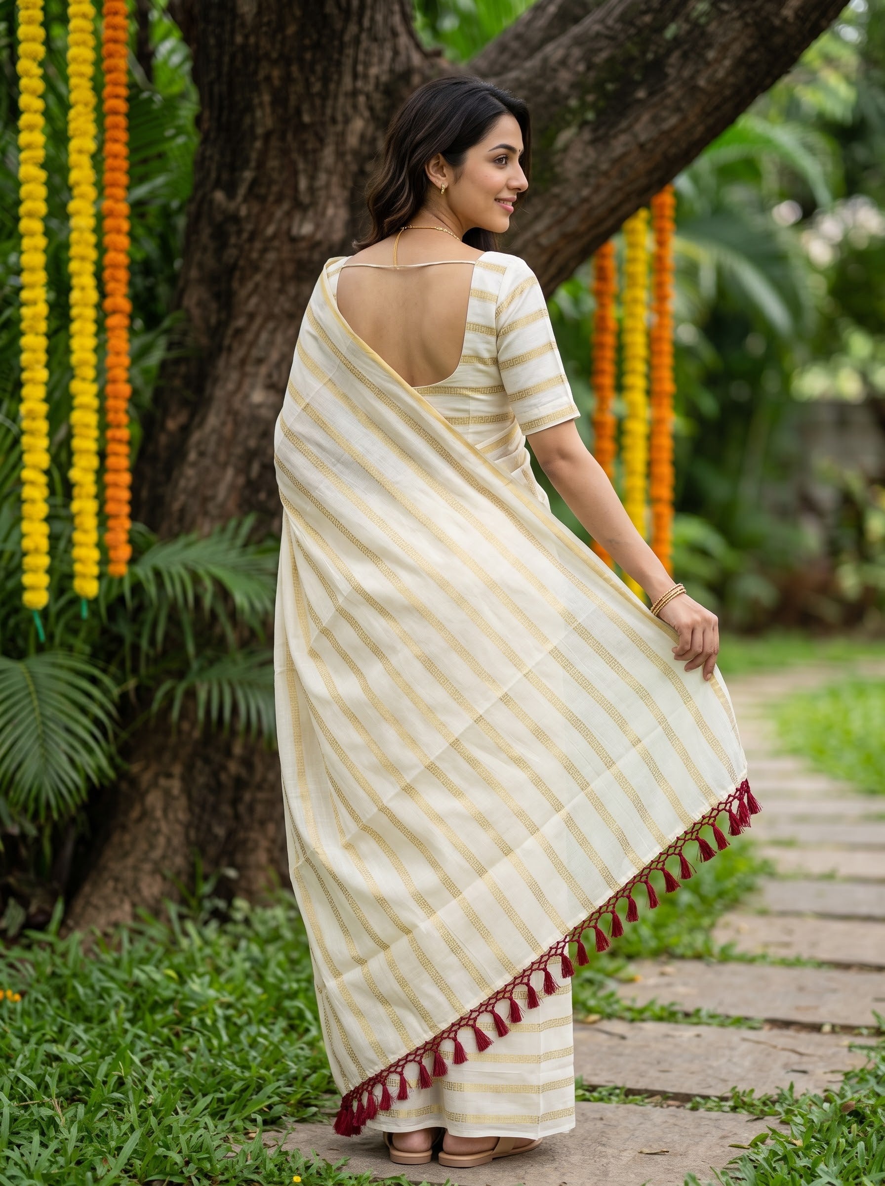 Cotton Cream Golden Greek Key Stripe with Tasseled Pallu Onam Special Kerala Saree