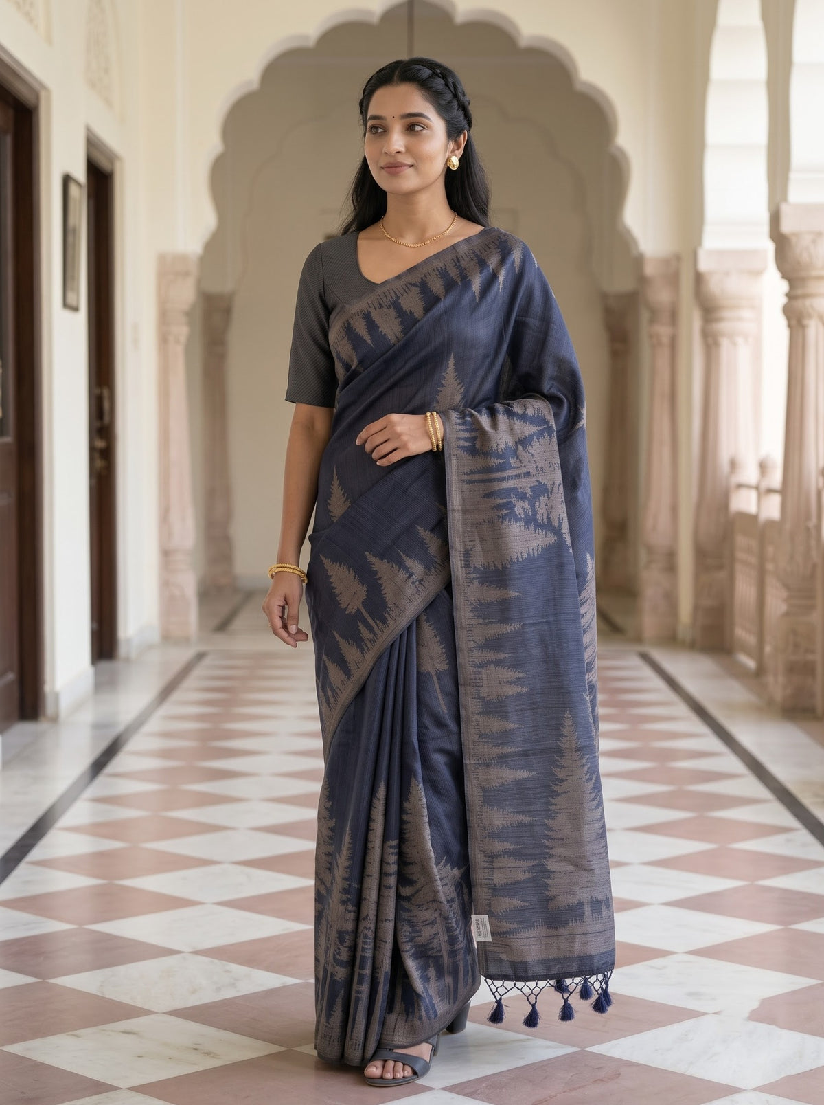 Matka Silk Navy Blue Fern Leaf Print Saree