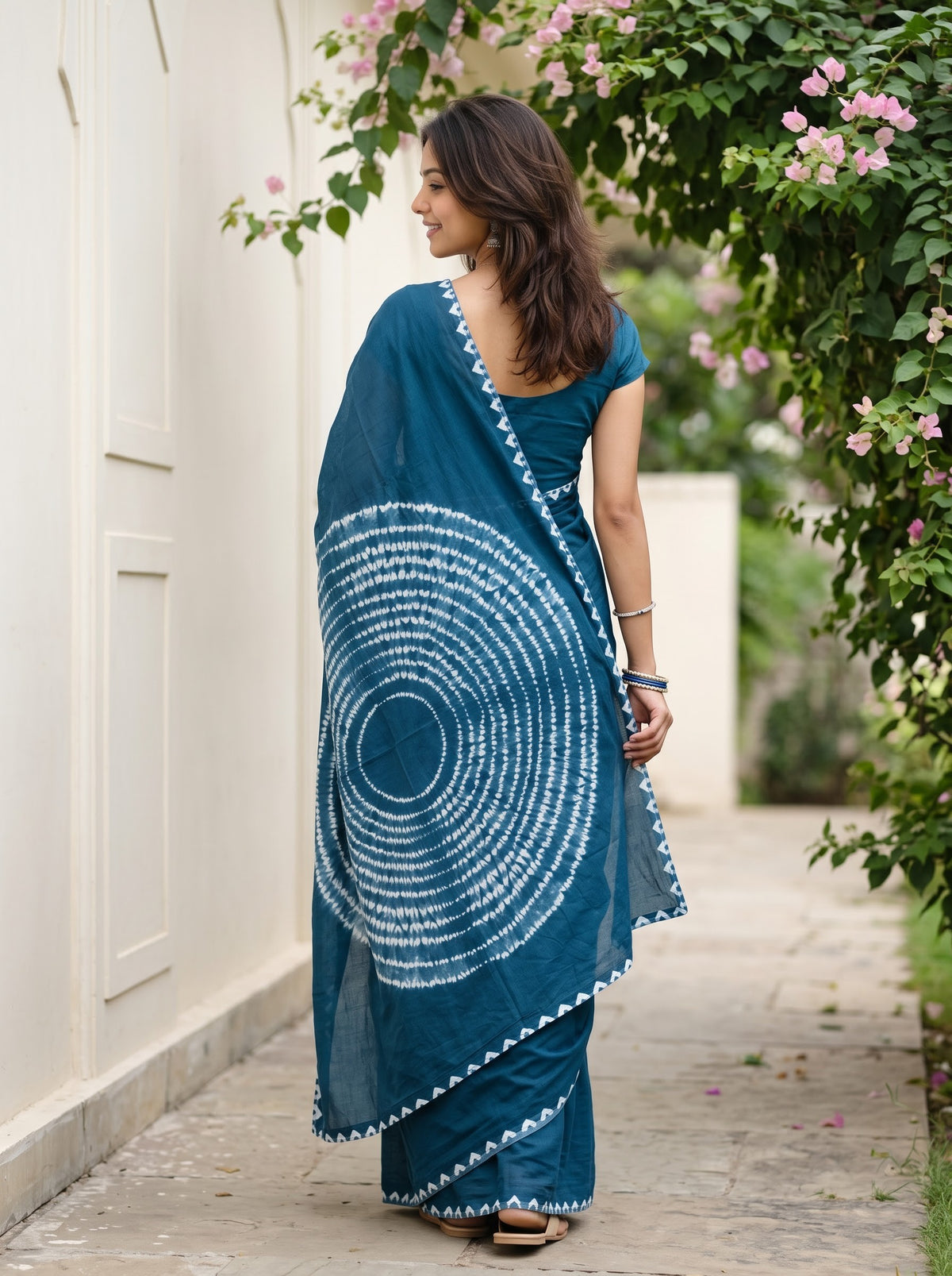 Modal Teal Blue Shibori Tie and Dye Circle Pallu Saree with Hand Block Print