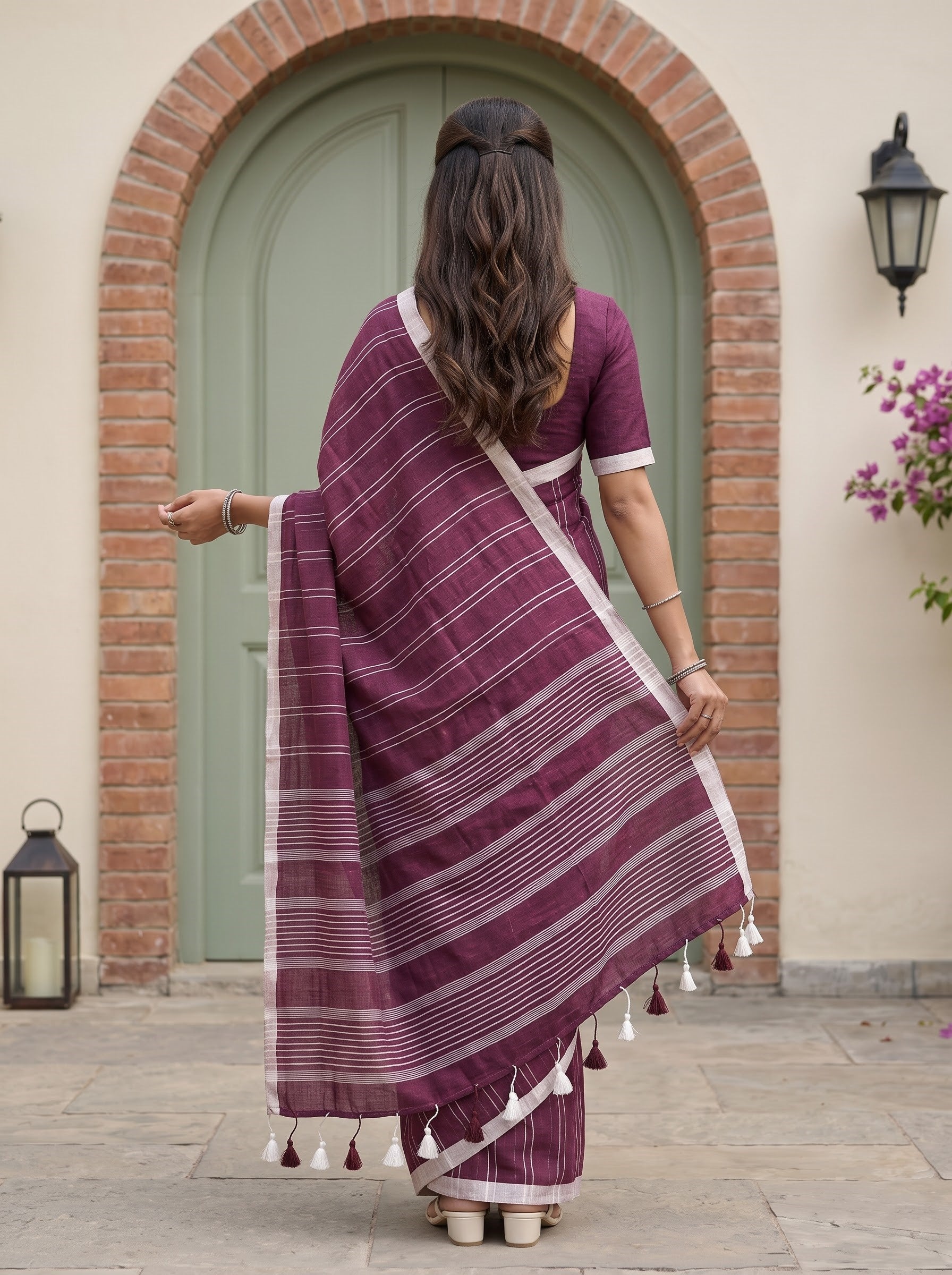 Linen Maroon White Striped Border Tasseled Saree