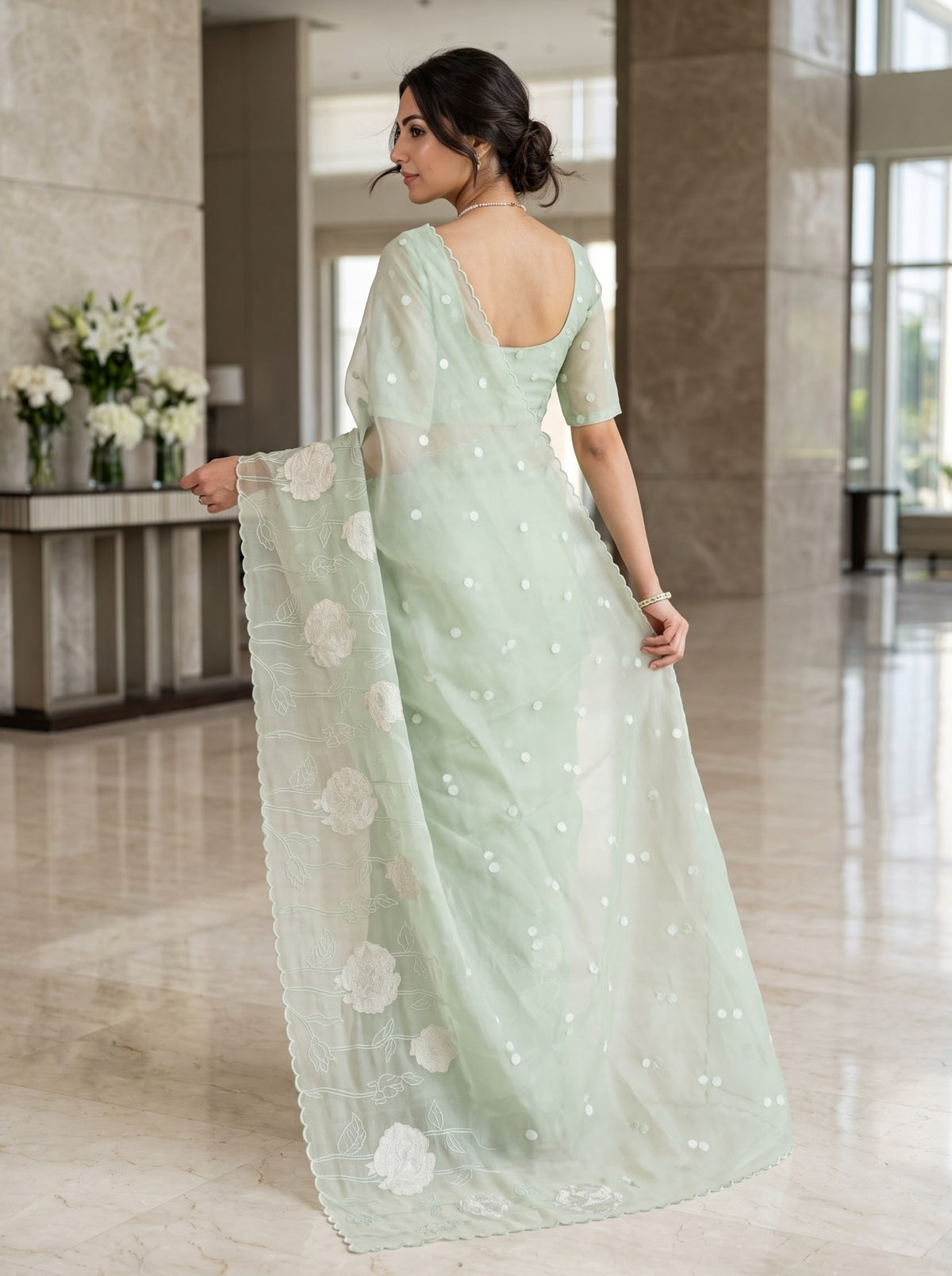 Organza Pastel Green Saree with Floral Border and Dot Booti