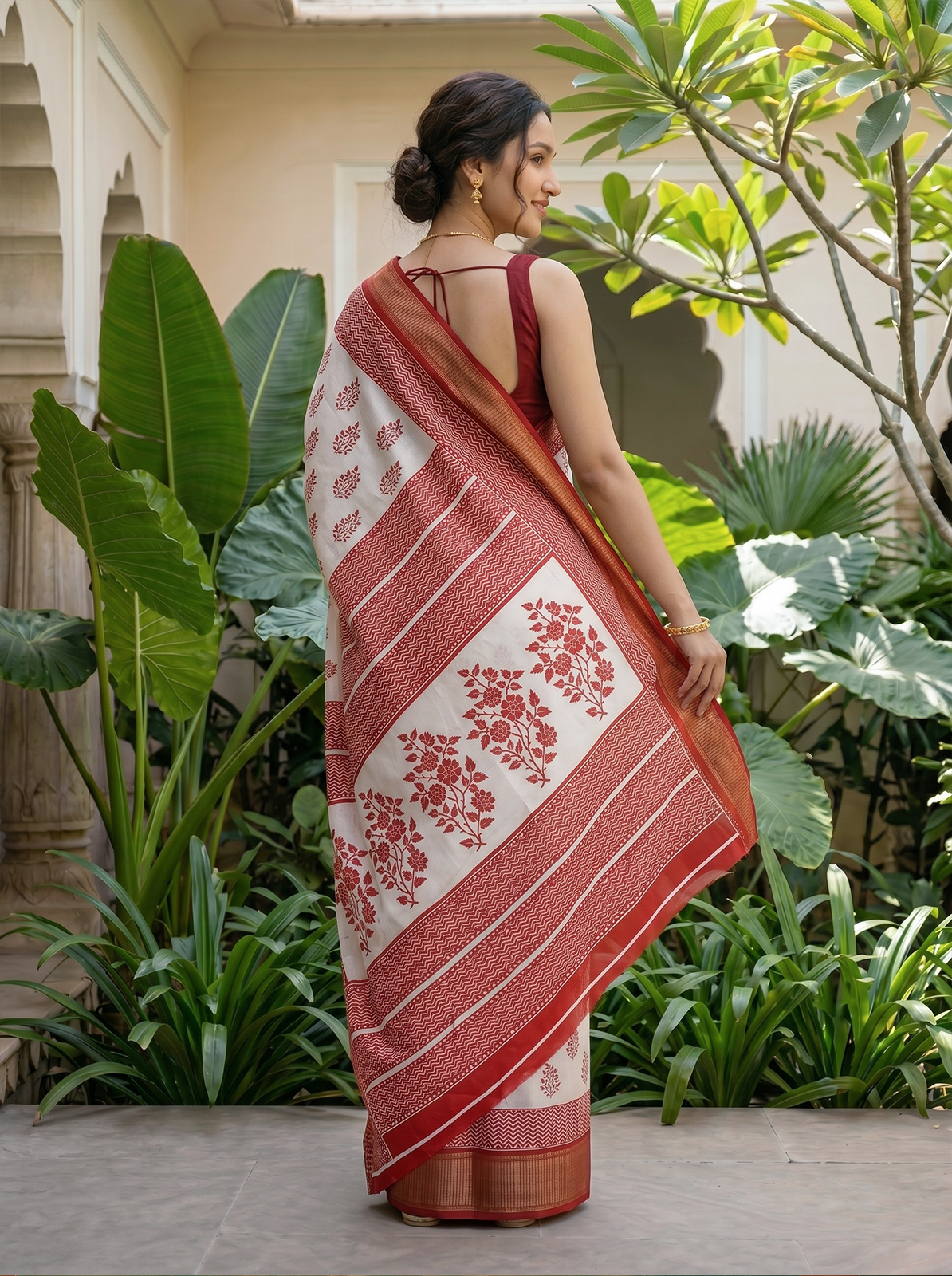 Synthetic White Red Floral Buta Printed Saree with Traditional Red Woven Border