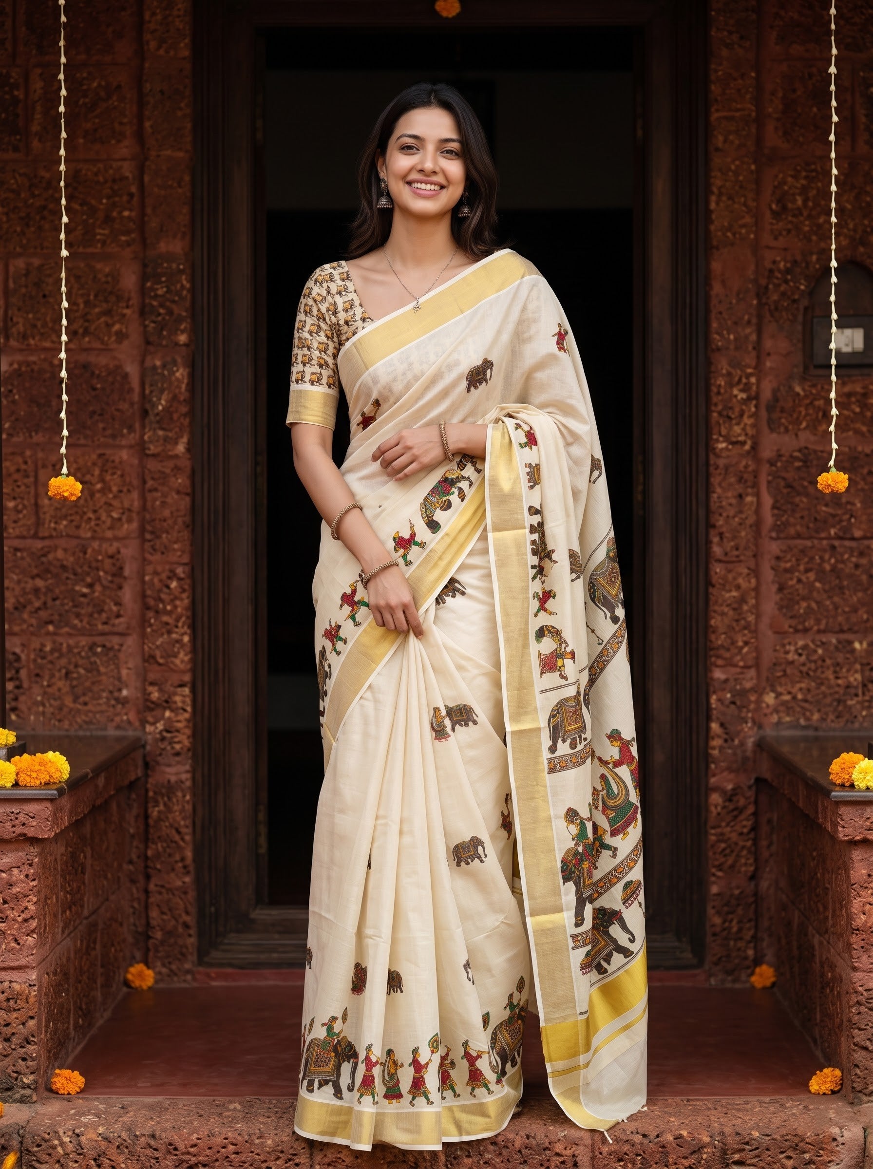 Tissue Cream Multicolor Elephant Procession Print Onam Special Kerala Saree