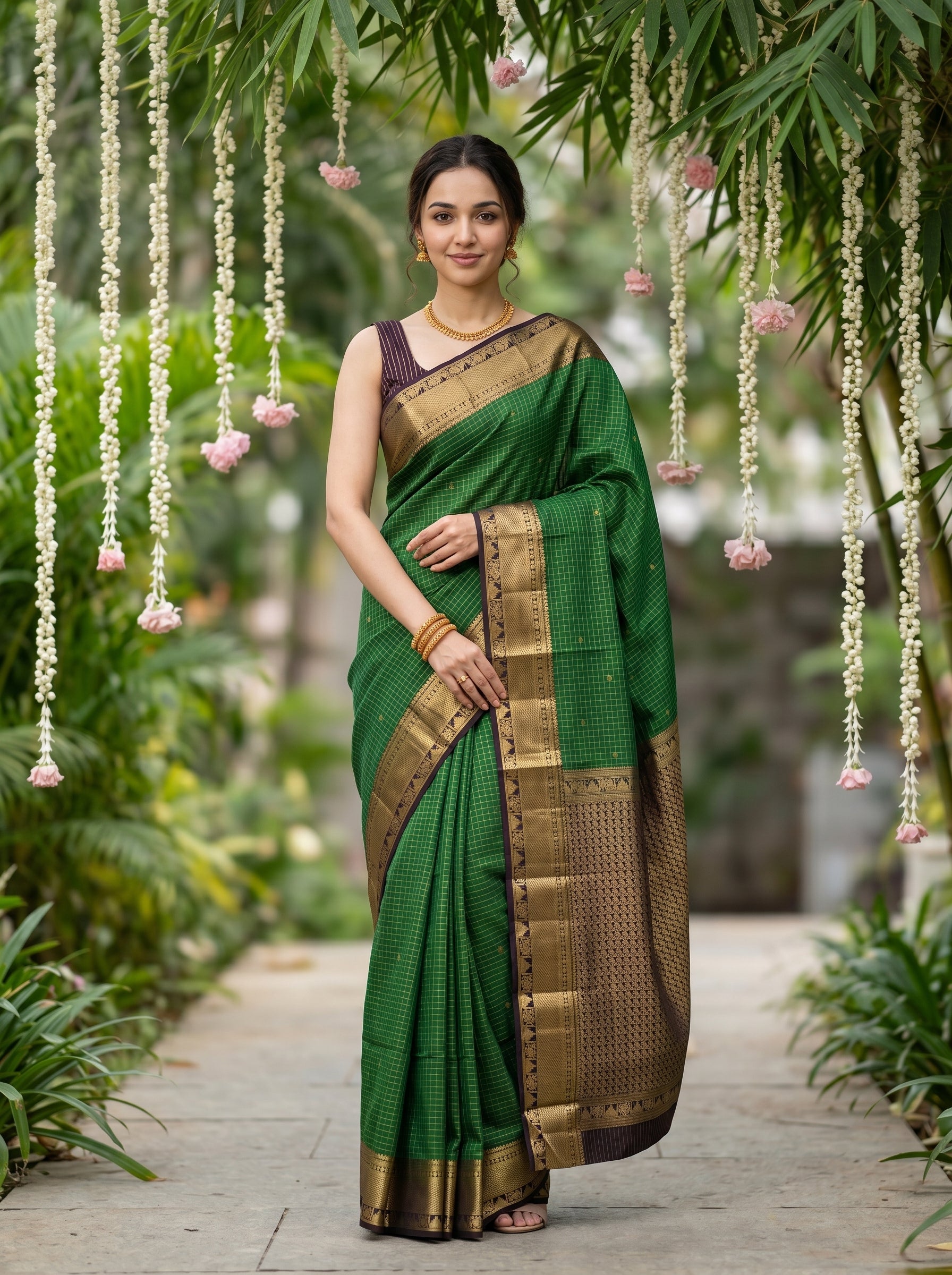 Woman in a green saree with gold border standing in a garden setting.