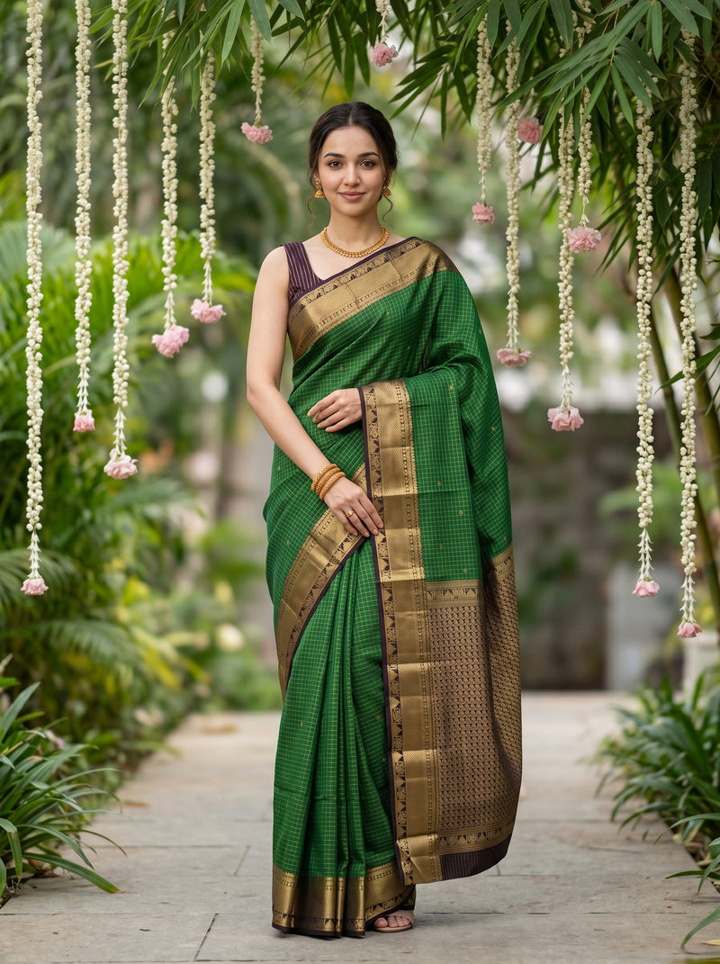 Woman in a green saree with gold border standing in a garden setting.