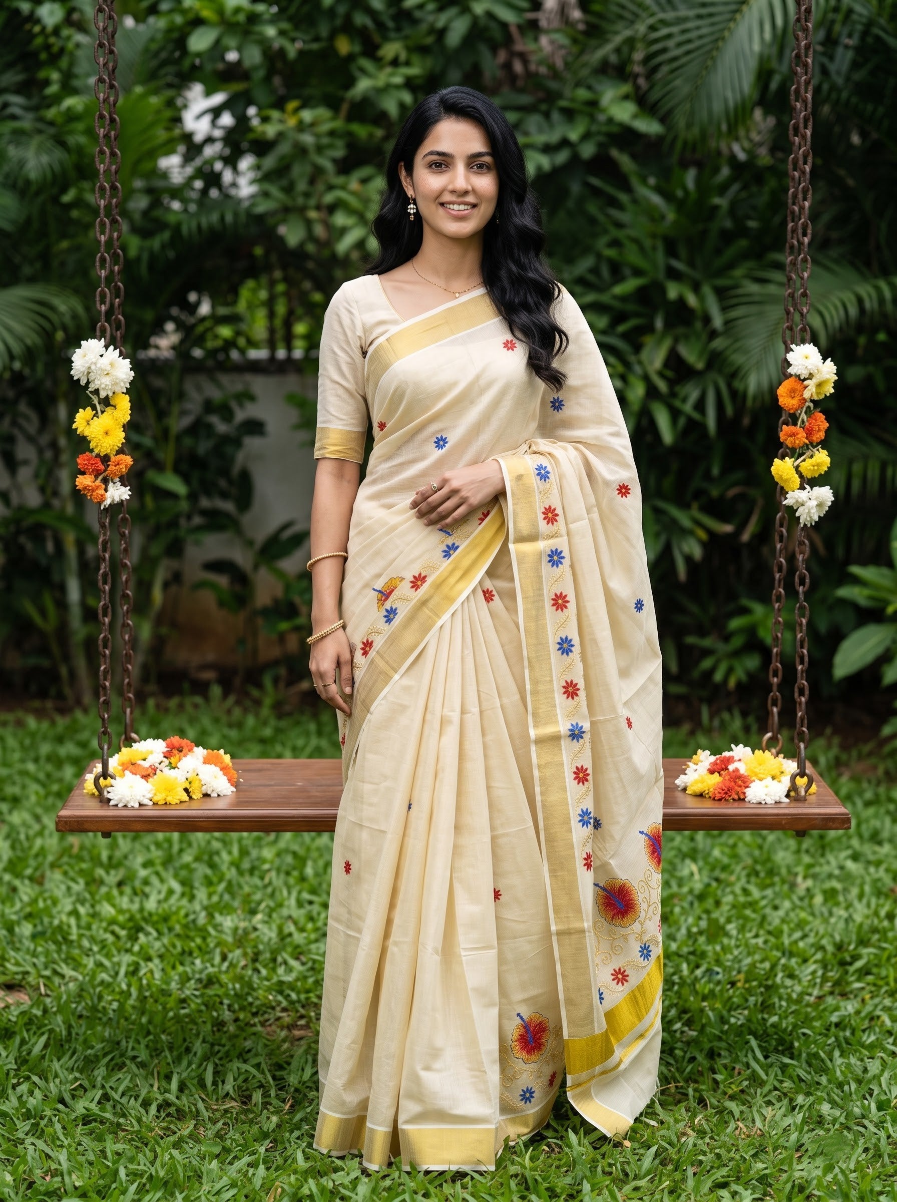 Tissue Cream Golden Orange Hibiscus Floral Print Onam Special Kerala Saree with Star Butti