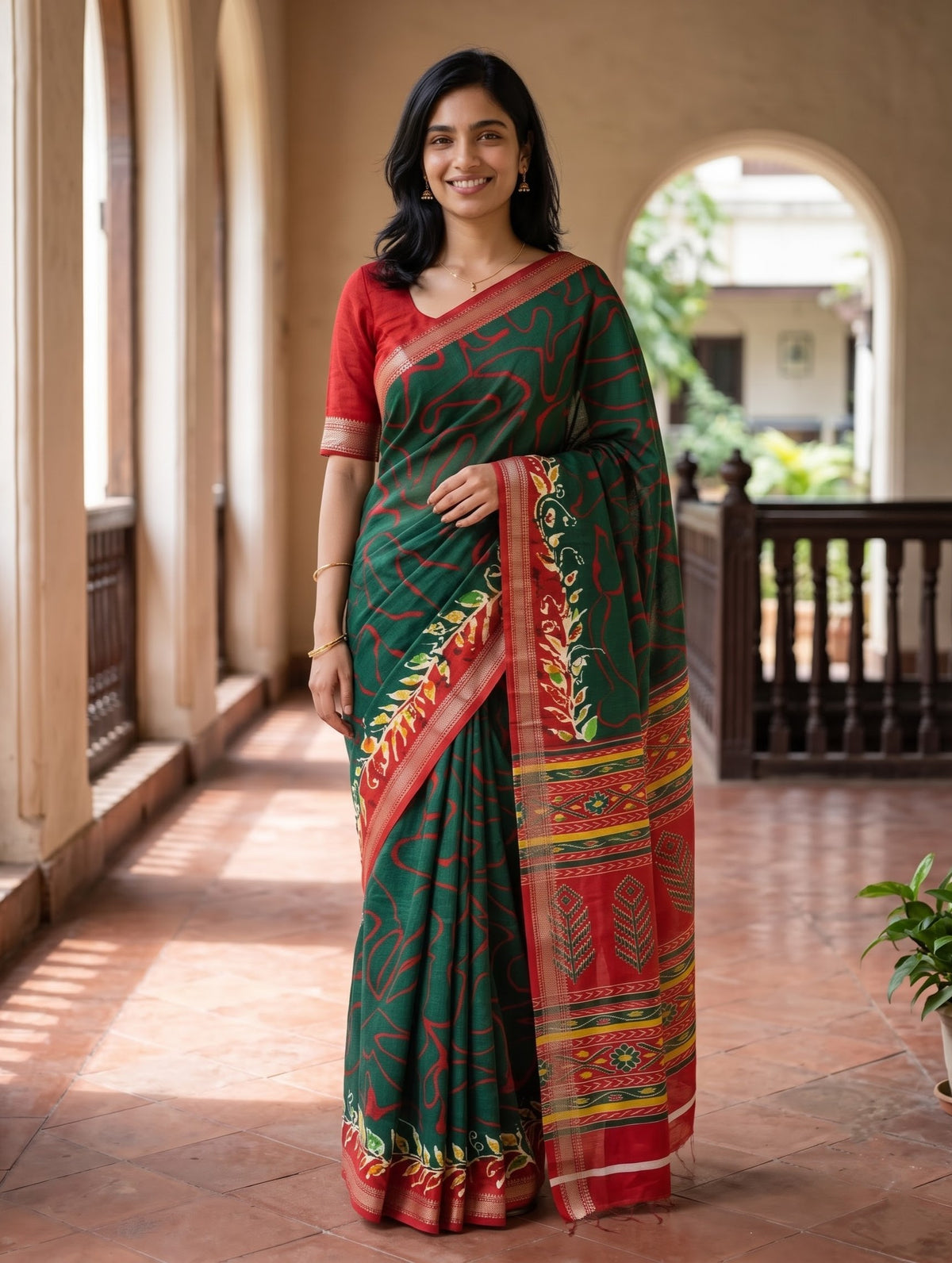 Polycotton Green Red Ikat Motif Pallu Saree with Contrast Border and Zari Edge