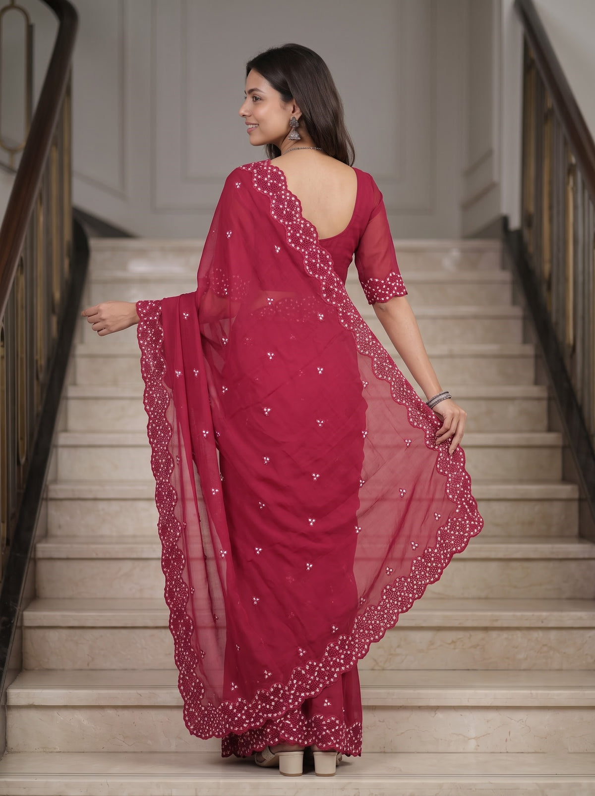 Mul Chanderi Red White Floral Sprig Cutwork Lace Border