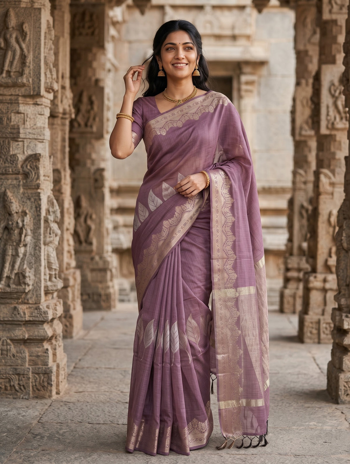 Matka Silk Mauve Silver Leaf Motif Border Saree