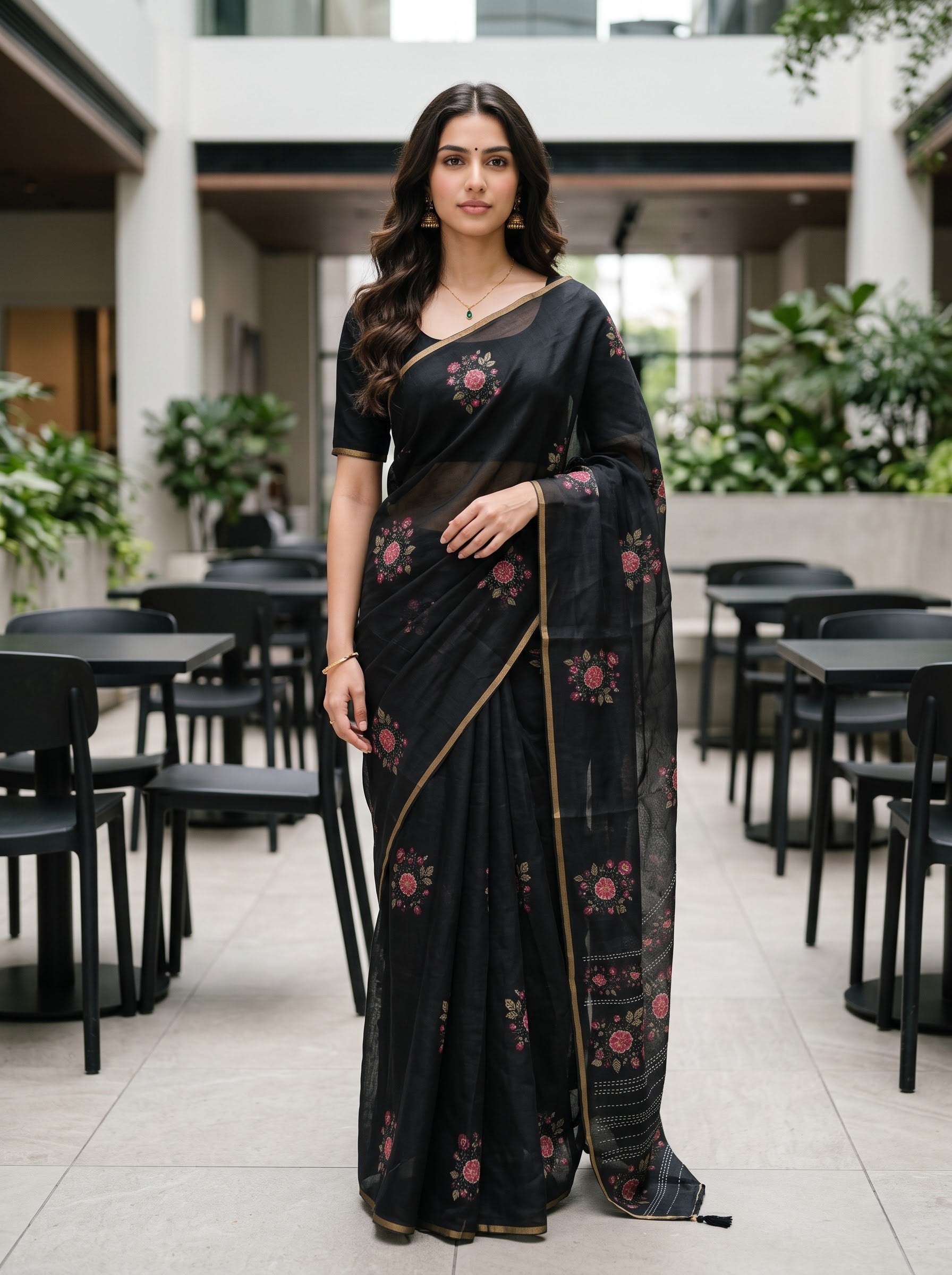 A woman stands in an outdoor patio setting wearing a black saree with floral prints and gold border details. The background features modern concrete structures, tables, and chairs.