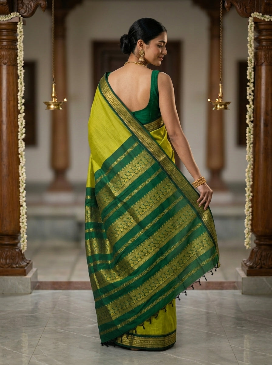 Kalyani Cotton Lime Green Plain Weave Saree with Bottle Green Zari Border