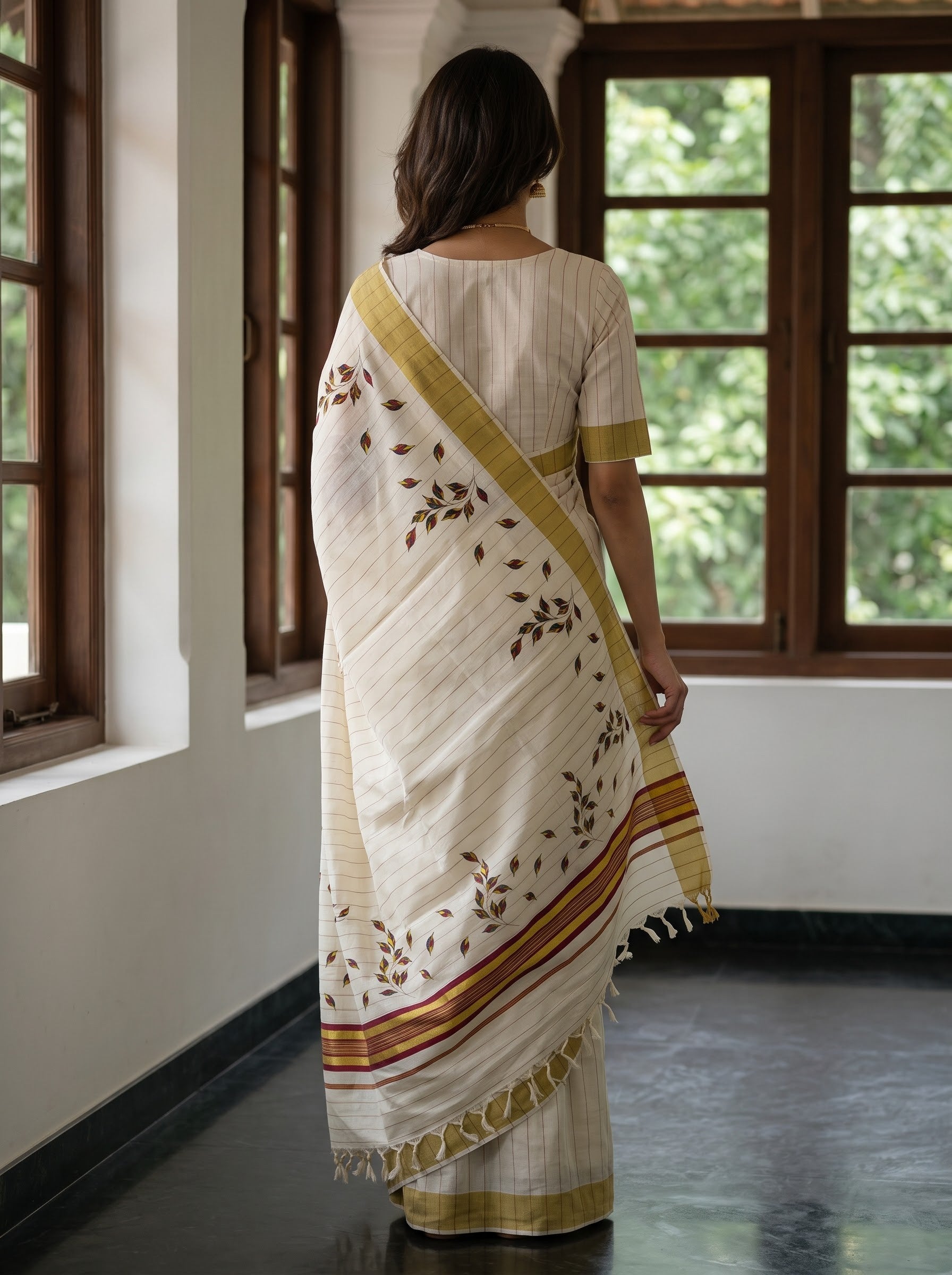 Cotton Cream Pinstripe with Golden Border and Autumn Leaf Print Onam Special Kerala Saree
