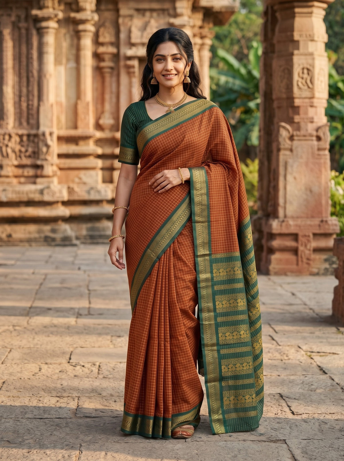 Kalyani Cotton Rust Red Saree with Golden Zari Checks Body and Bird Motif Pallu