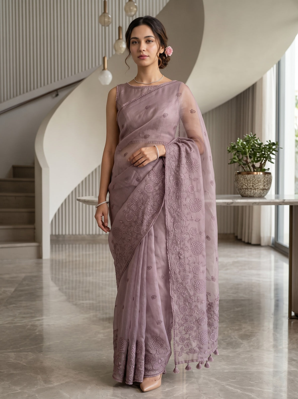 Organza Mauve Embroidered Floral Saree with Tasseled Pallu
