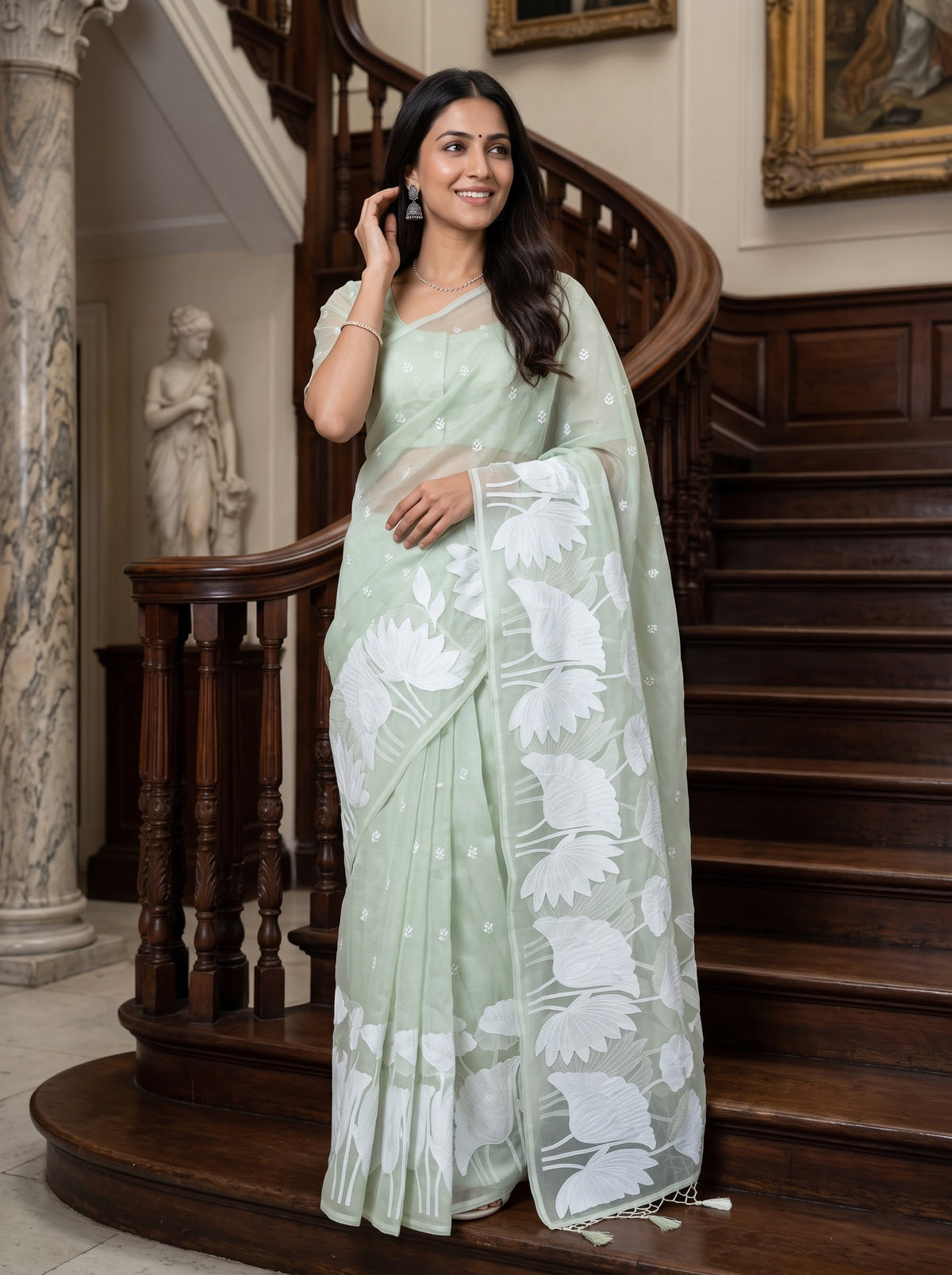 Organza Pista Green Lotus Embroidered Tassel Saree