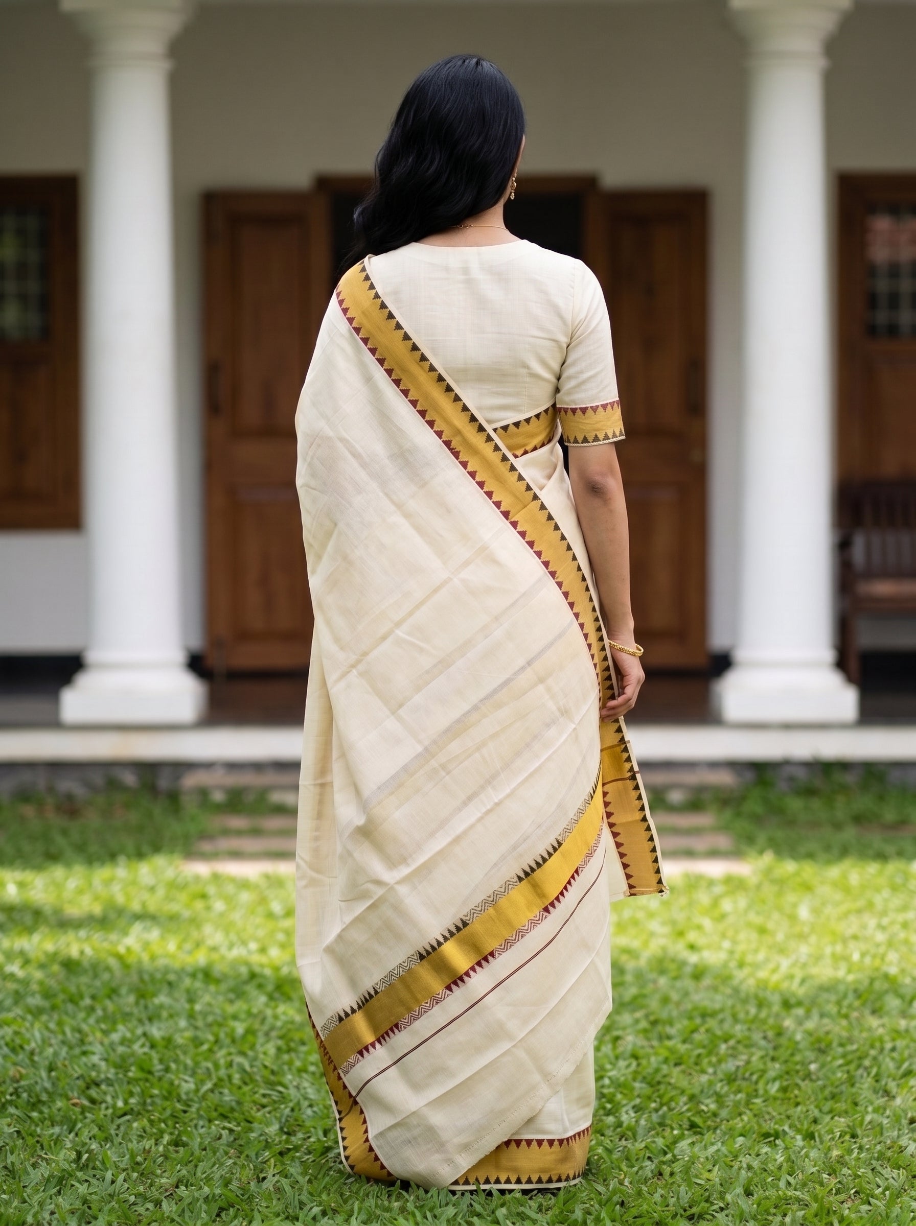 Tissue Cream Yellow Zigzag Temple Border Onam Kerala Saree