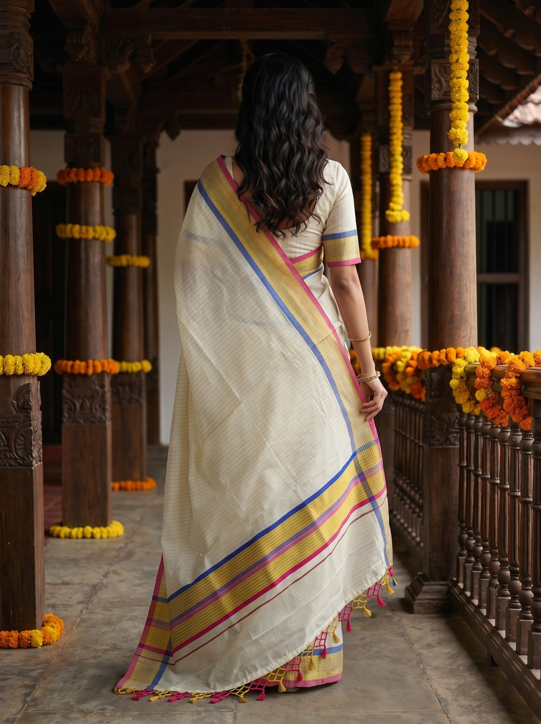 Cotton Cream Pinstripe with Pink Navy Gold Checked Border Onam Special Kerala Saree
