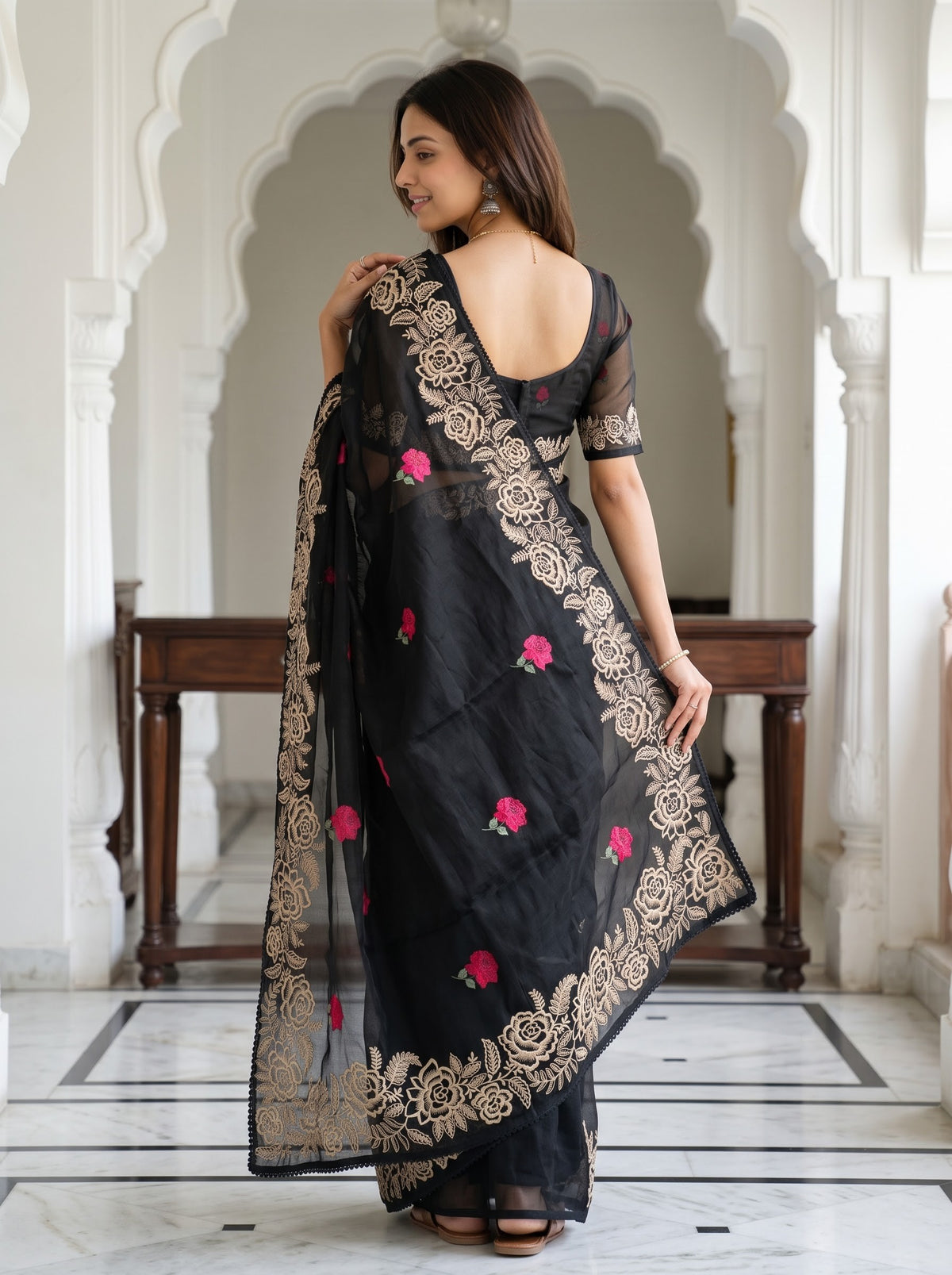 Organza Black Red Rose Embroidered Saree