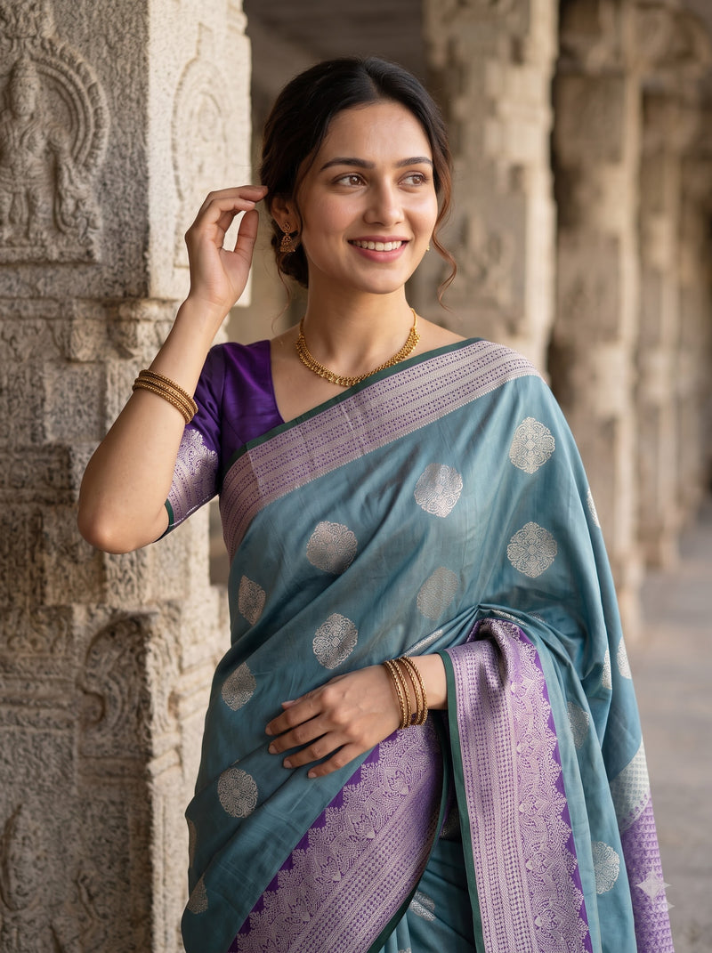 A woman wearing a teal and purple Banarasi saree with silver zari motifs, standing in a stone corridor.