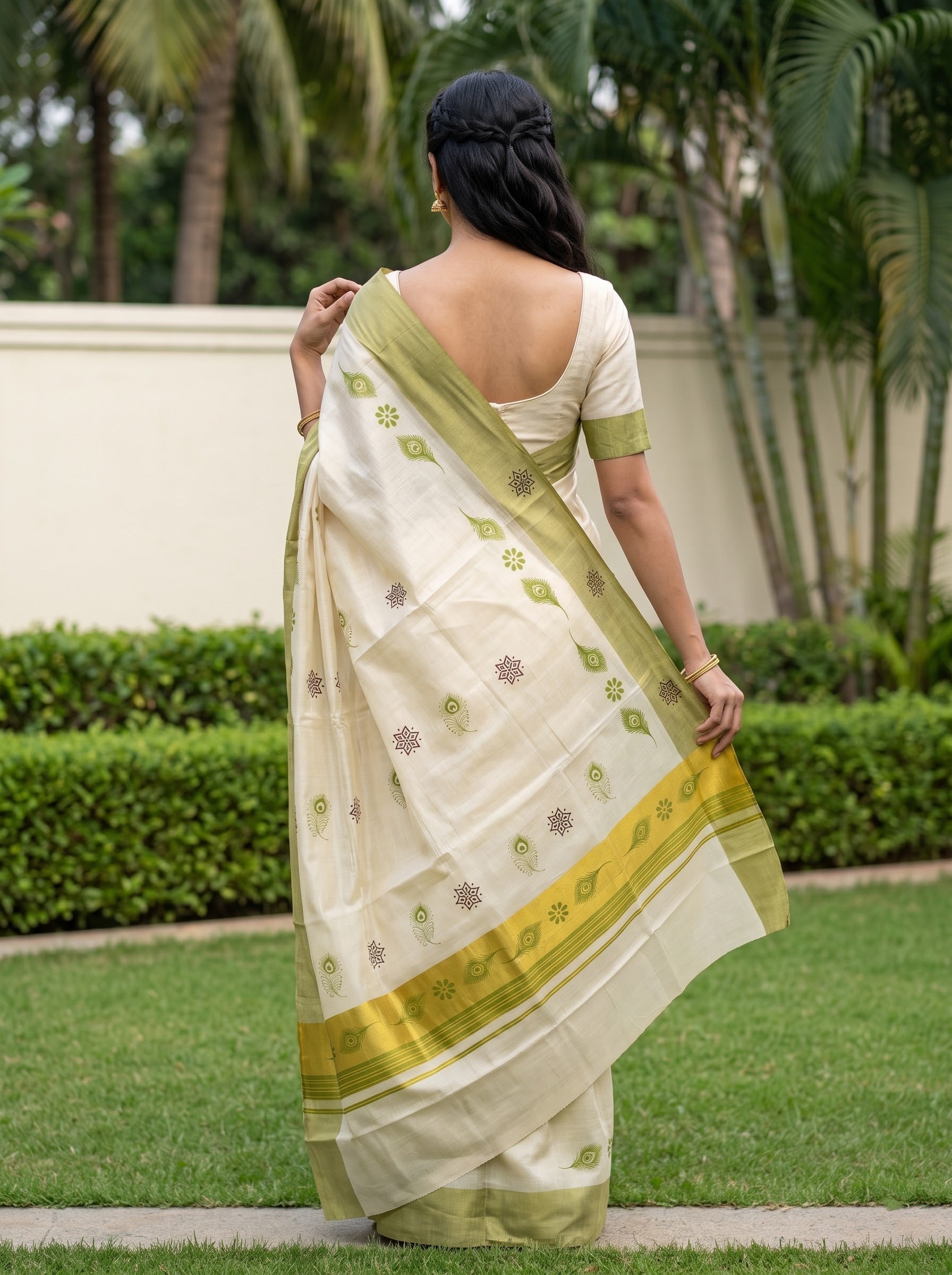 Tissue Cream Green Peacock Feather Print with Border Onam Special Kerala Saree