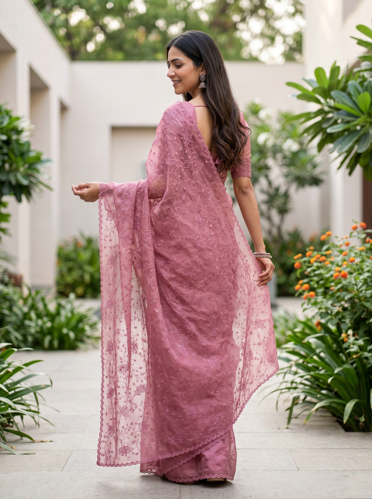 Organza Pink Saree with All-Over Floral Embroidery and Sequins
