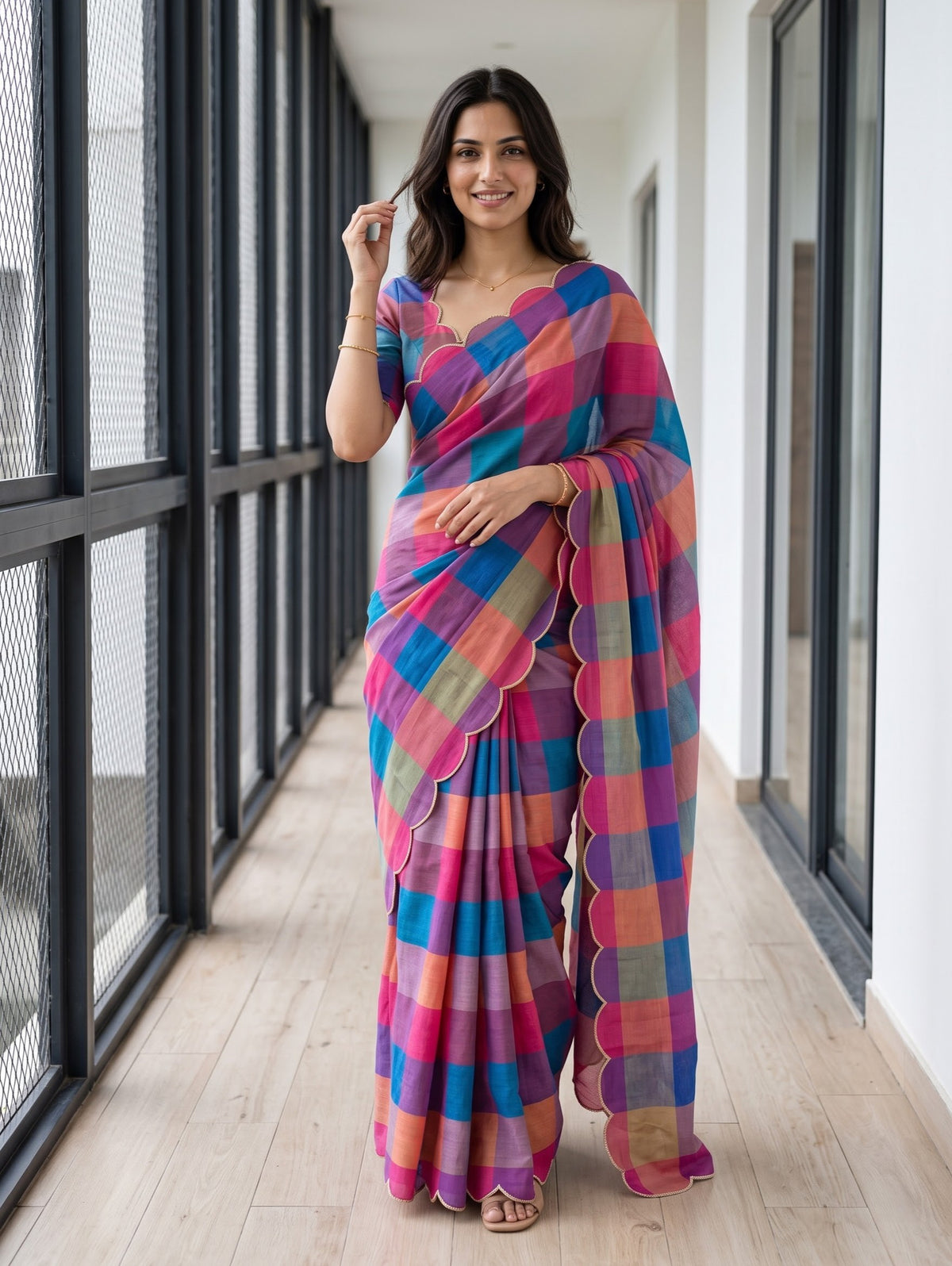 A woman wearing a vibrant multicolor checkered saree with pink, blue, orange, and purple tones, standing in a modern hallway with large windows.
