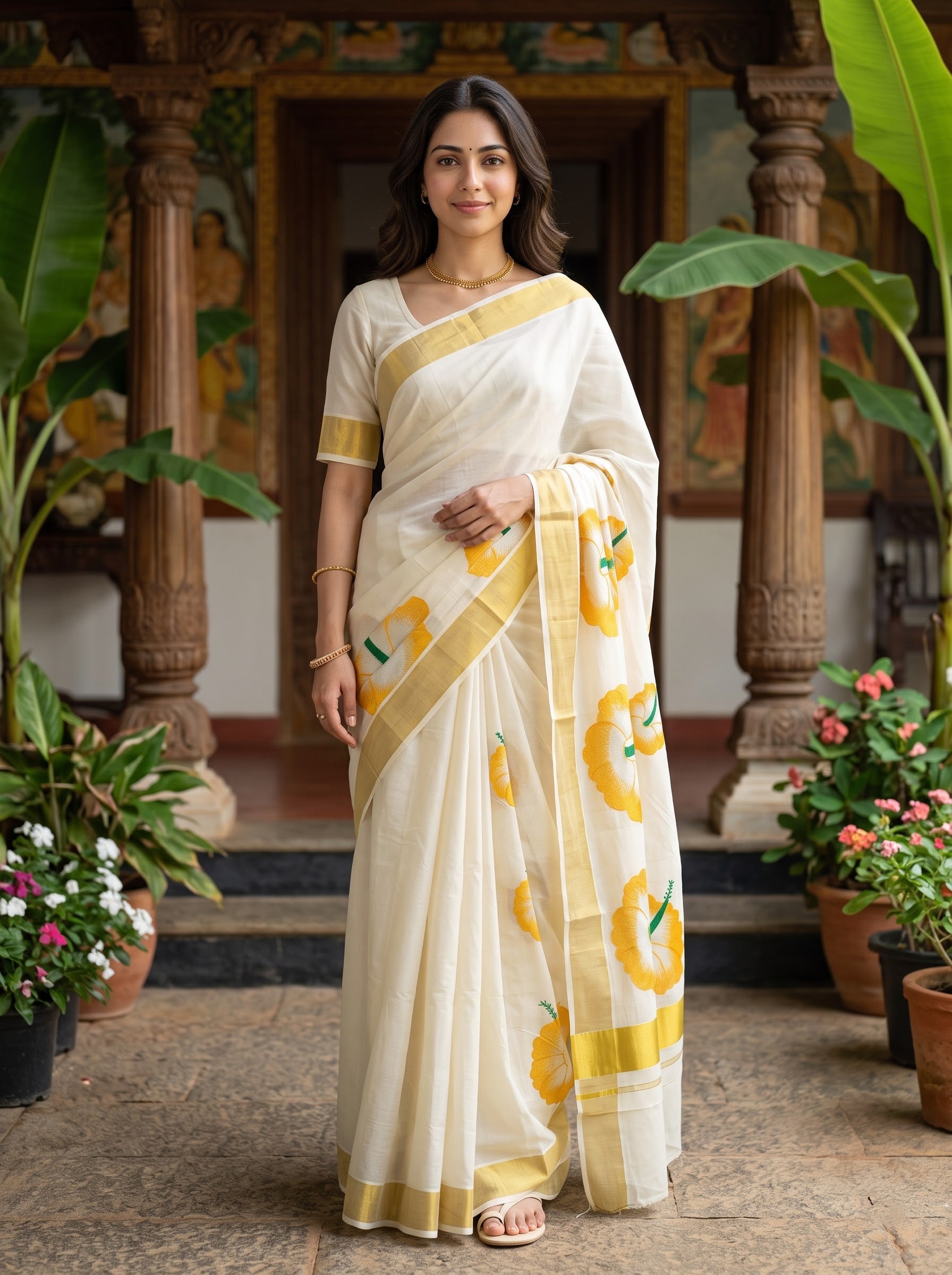 Cotton Off-White Orange Floral Print With Golden Border Onam Special Kerala Saree