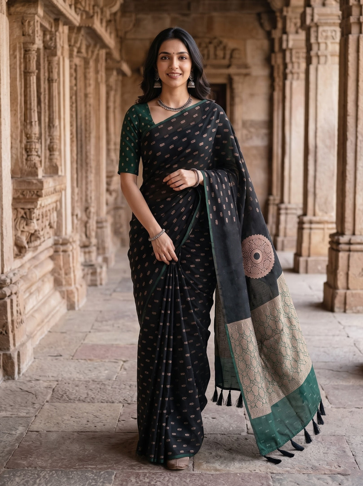 Cotton Silk Black Golden Mandala Bottle Green Brocade Pallu