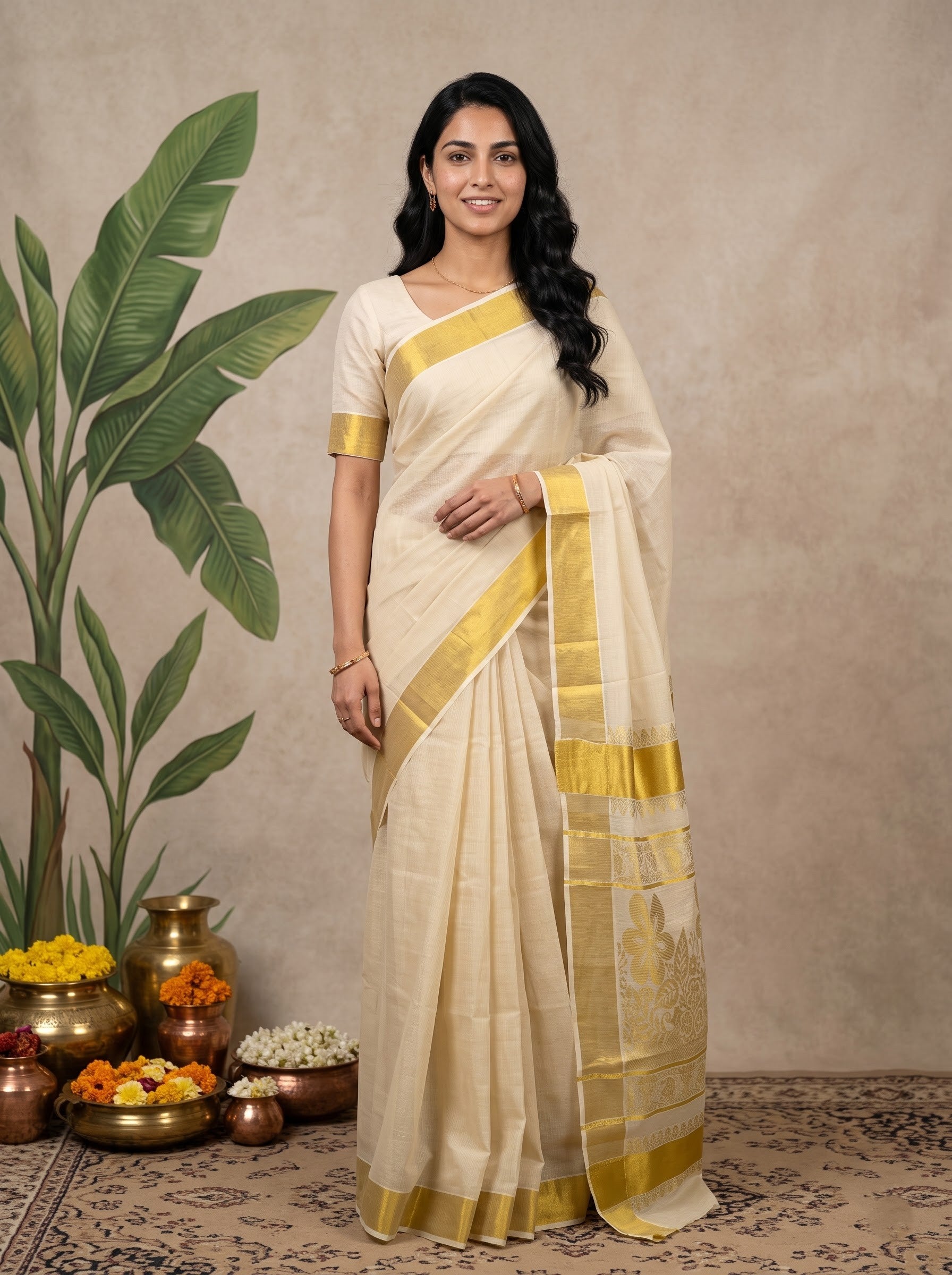 Cotton Cream Golden Floral Weave Pallu with Zari Border Onam Special Kerala Saree