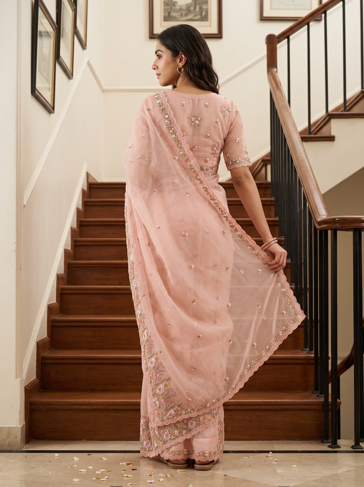 Organza Peach Floral Sequin Embroidered Saree