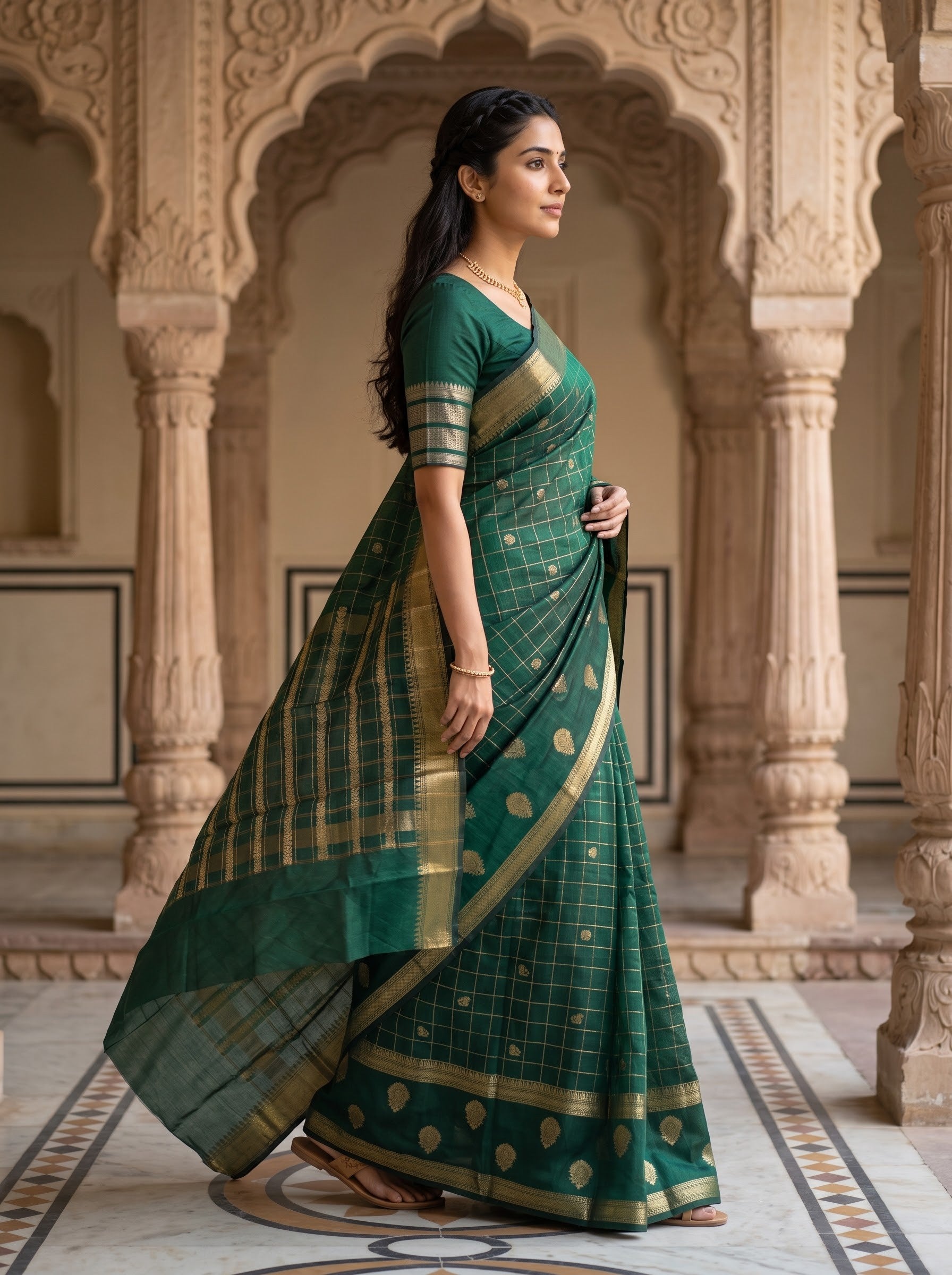 A woman wearing a dark green saree with gold checkered patterns and gold zari borders, standing in a traditional courtyard with stone arches.