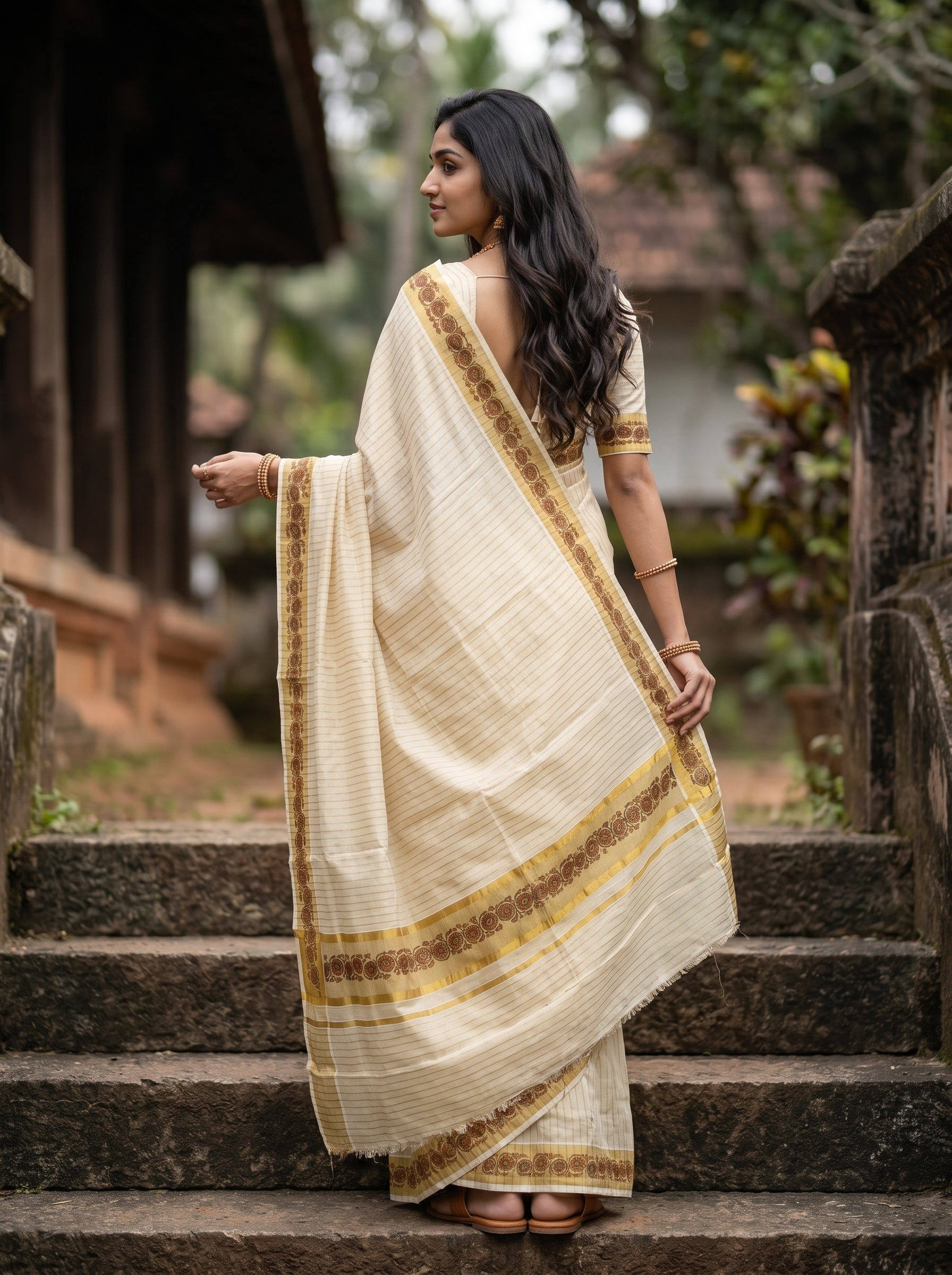 Cotton Cream Striped with Floral Medallion Print Border Set Saree