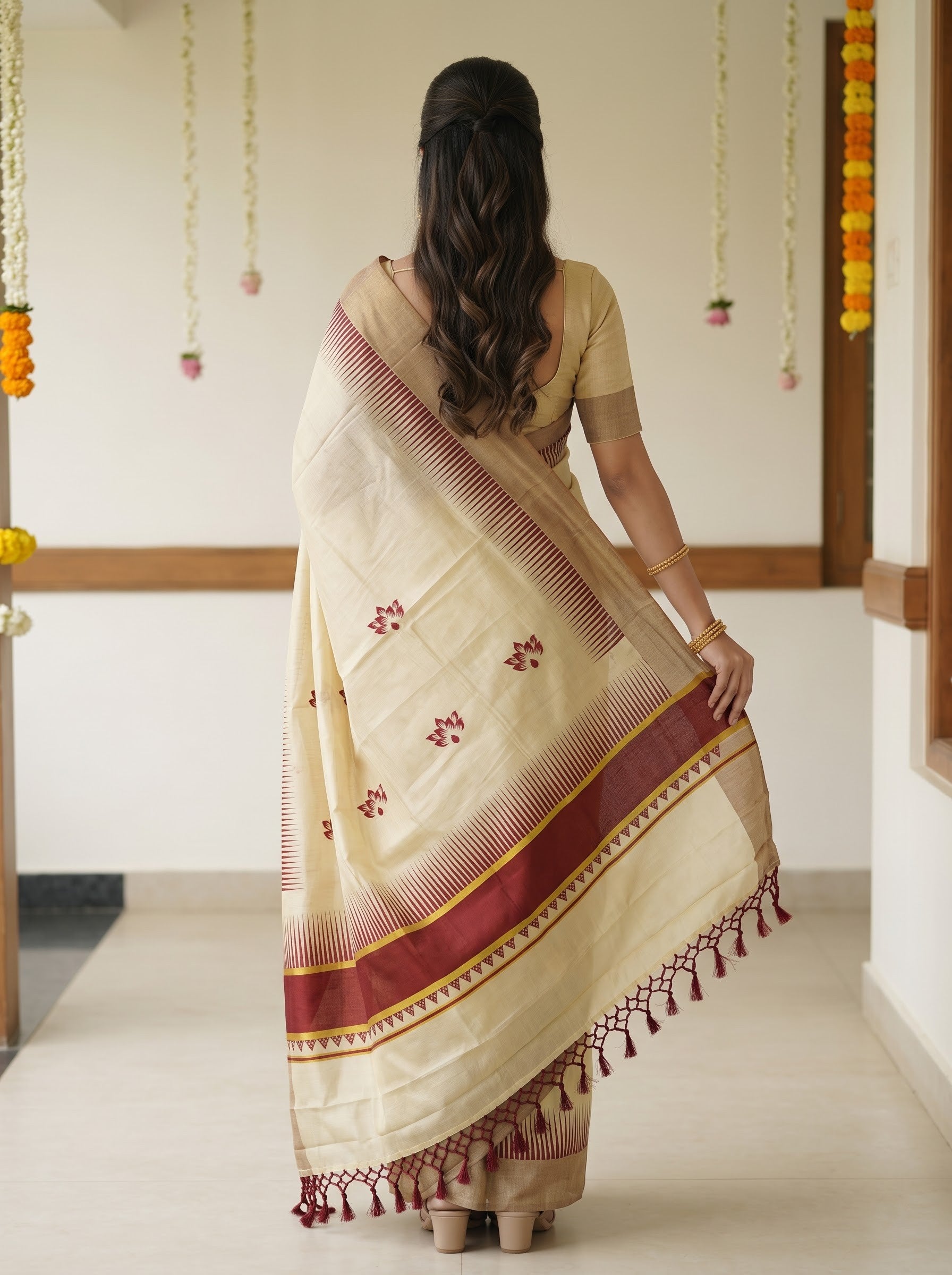 Tissue Golden Cream with Maroon Temple Border Onam Special Kerala Saree