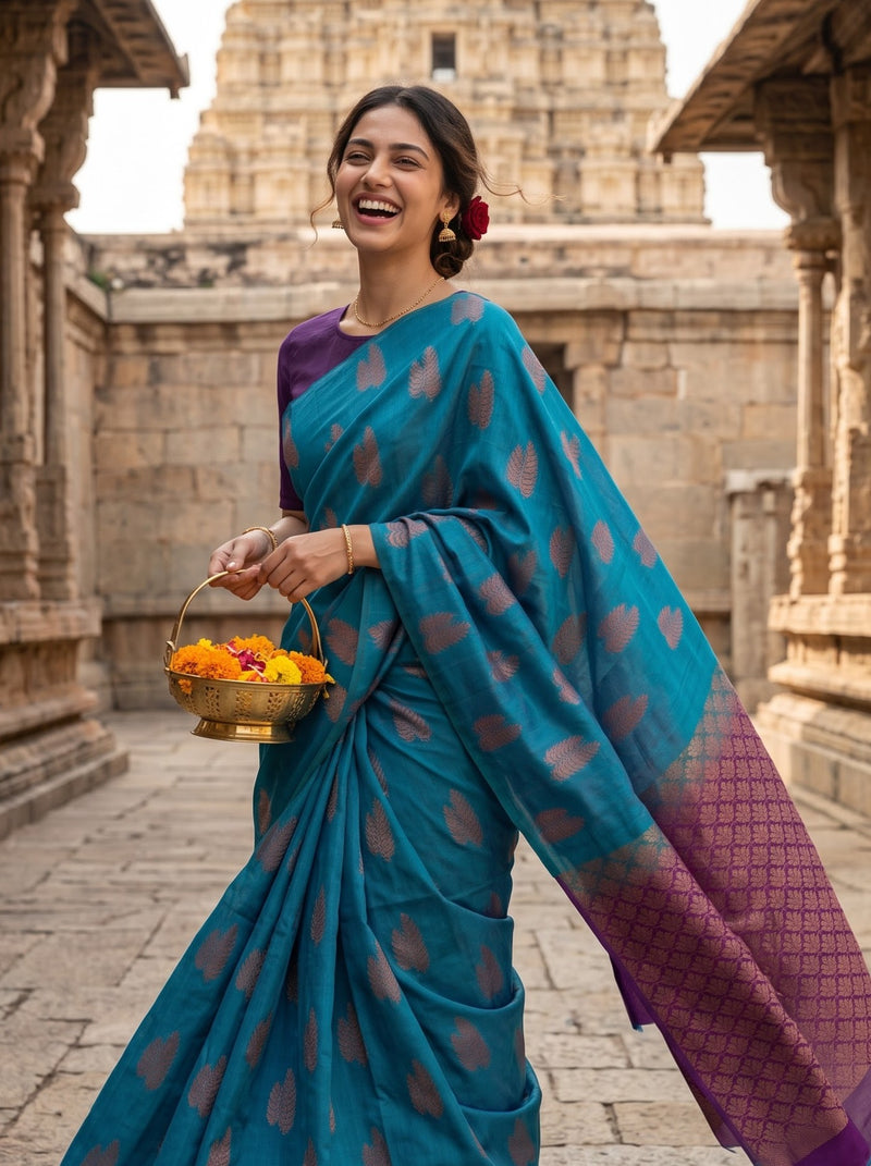 A woman wearing a teal blue and purple saree with brown motifs walks through a stone temple courtyard while holding a brass pot of flowers. The background features historic stone architecture.