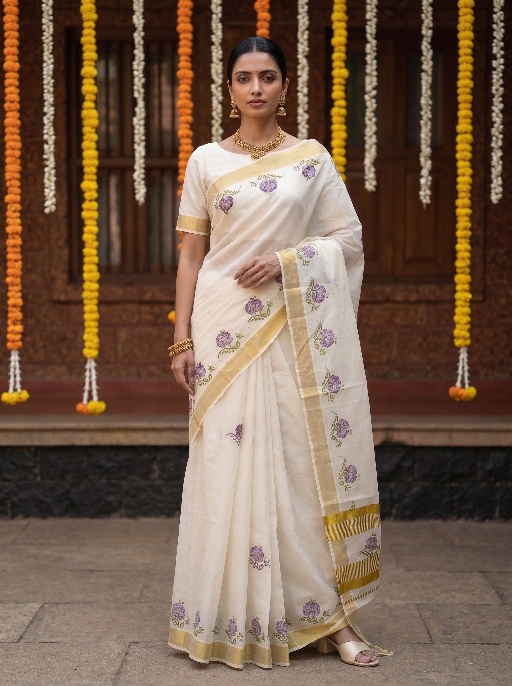 A woman stands outdoors wearing a cream-colored saree with purple floral motifs and gold borders. The background features a wooden structure decorated with hanging marigold and white garlands.