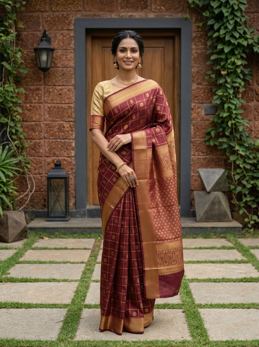 Semi Silk Maroon Gold Zari Check Saree with Temple Border