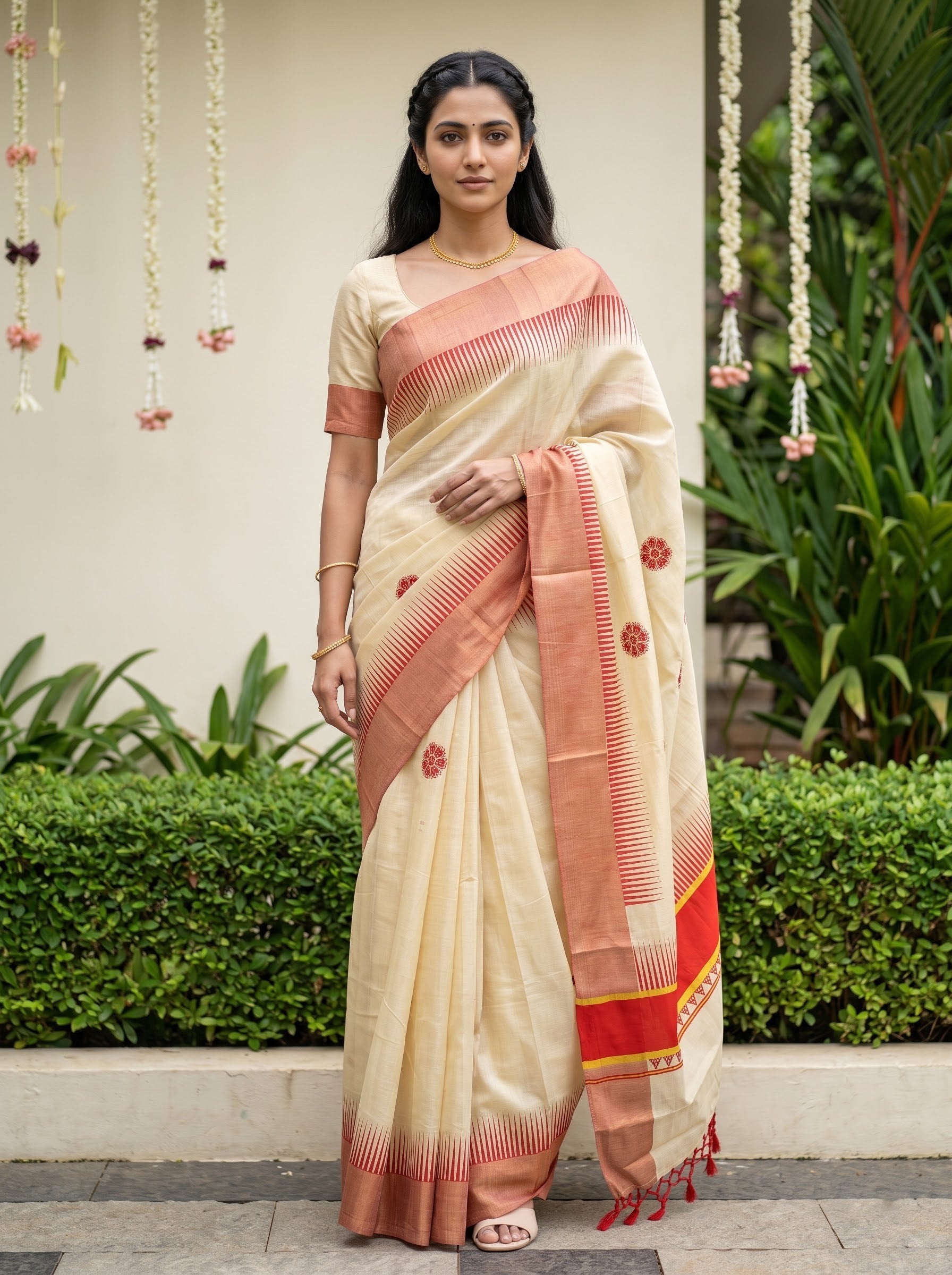 Tissue Golden Cream with Rust Temple Border and Floral Booti Onam Special Kerala Saree