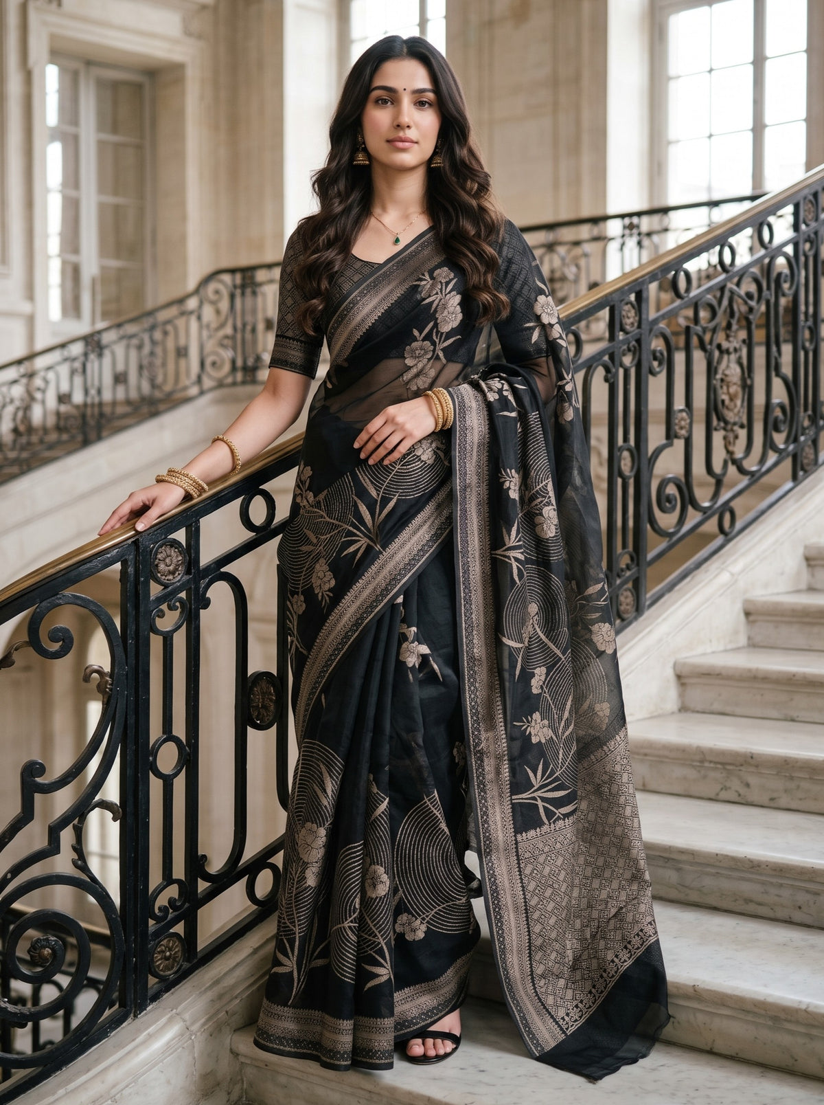 Organza Black Floral Print Saree with Blossom Motifs