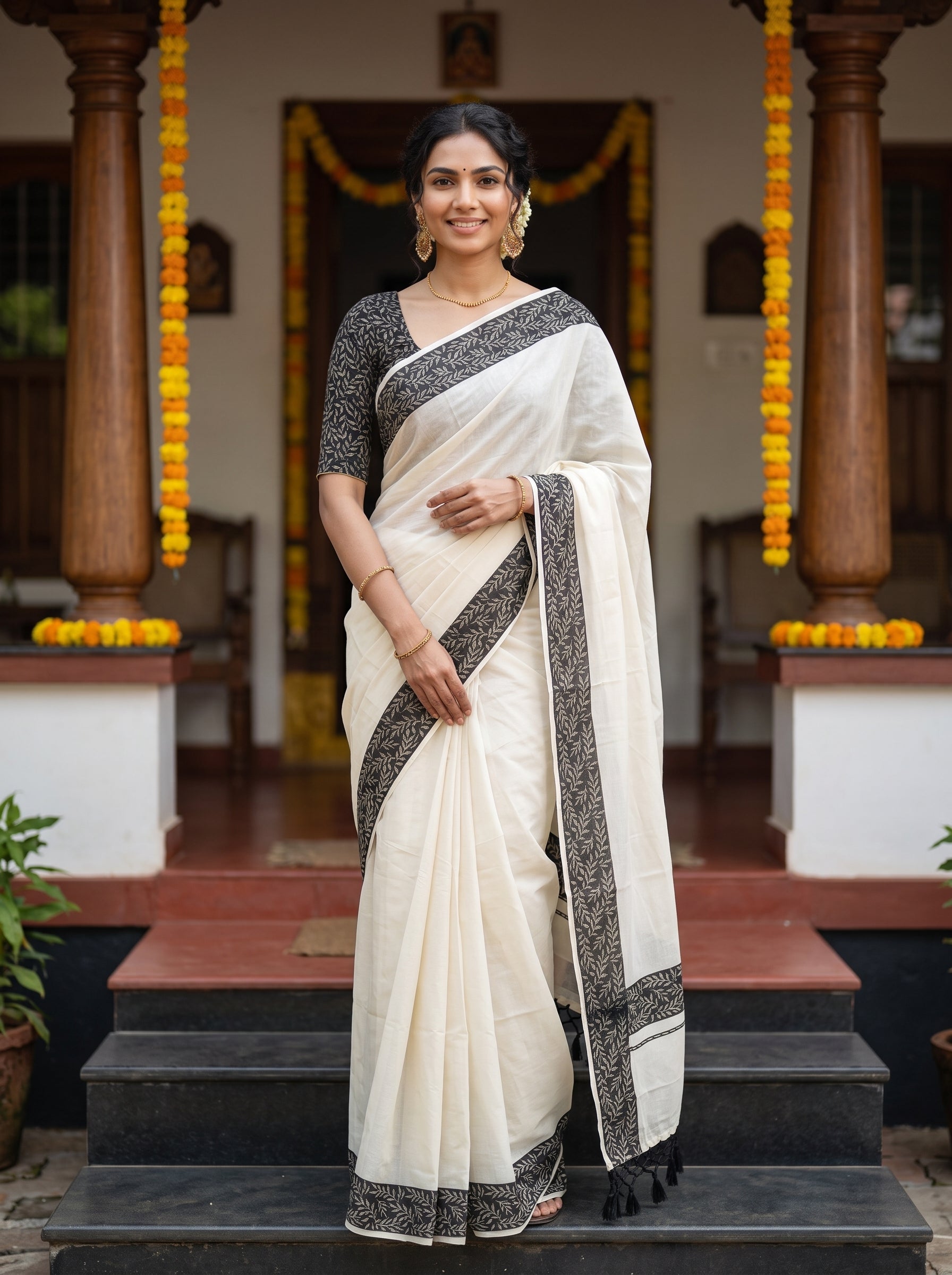 A woman stands on outdoor steps wearing a white saree with a black patterned border and a black patterned blouse, posed in front of a traditional house entrance with yellow marigold garlands.