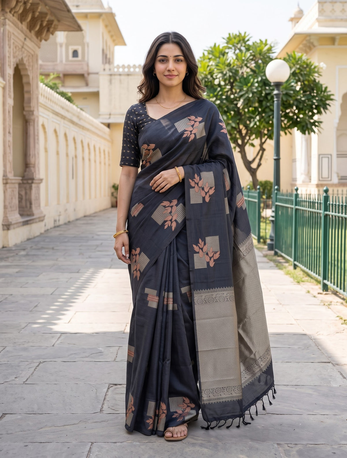 Semi Silk Black Copper Zari Leaf Butta Zari Pallu Saree with Tassels