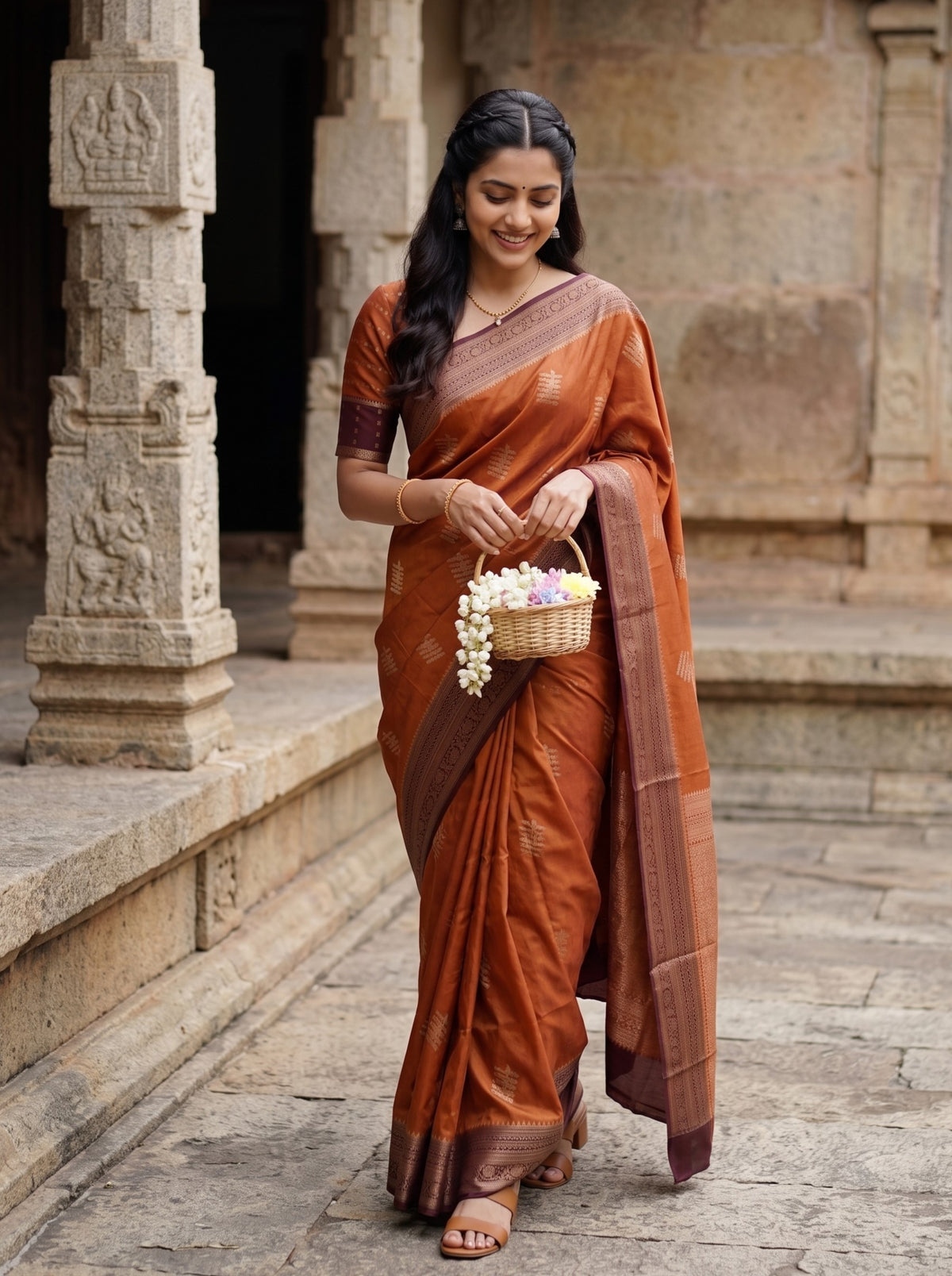 Semi Silk Rust Orange Saree with Rich Copper Zari Pallu and Temple Border