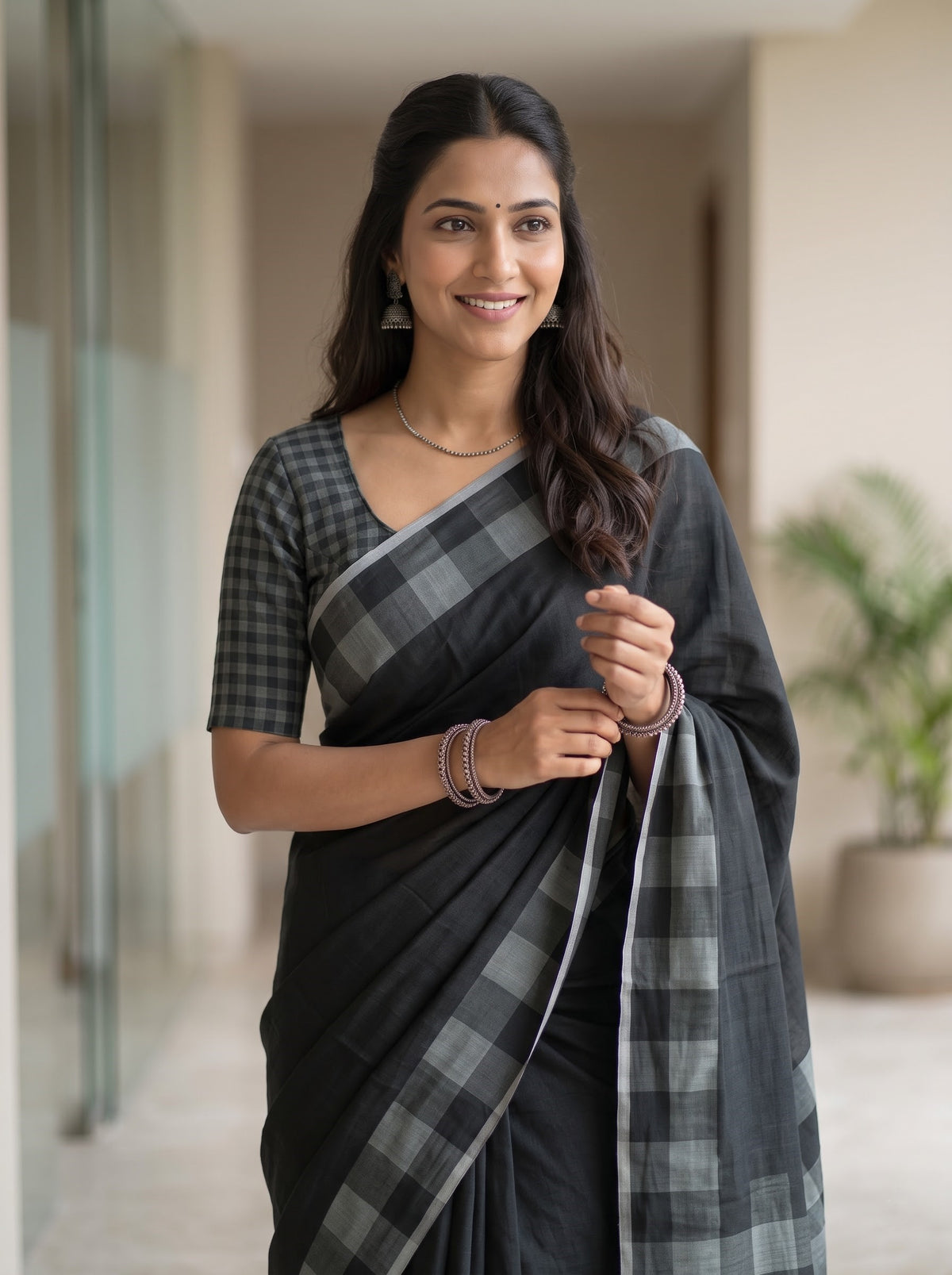 A woman wearing a black and gray checkered saree with a matching checkered blouse, standing in a softly lit indoor hallway.