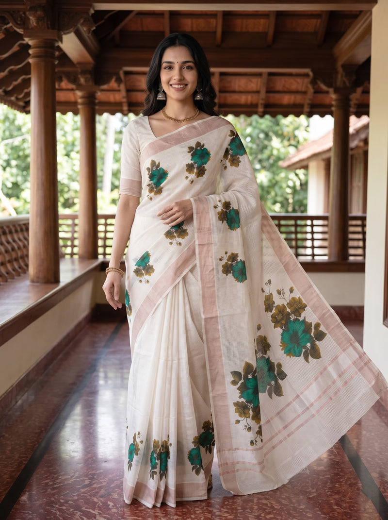A woman modeling a white and light pink saree with green and gold floral prints, standing on a traditional wooden porch.