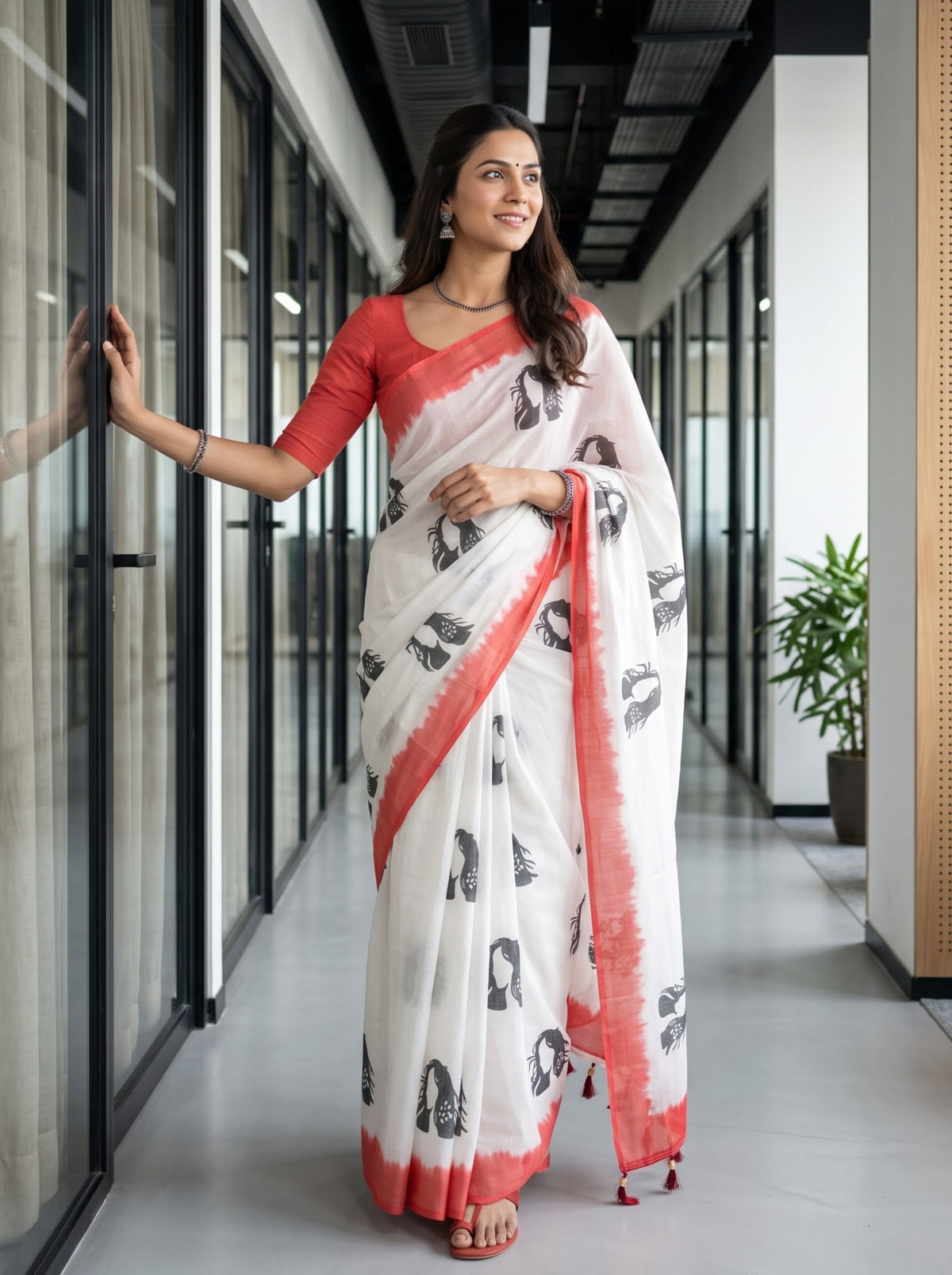 Cotton White Face Print Saree with Red Border and Tassels